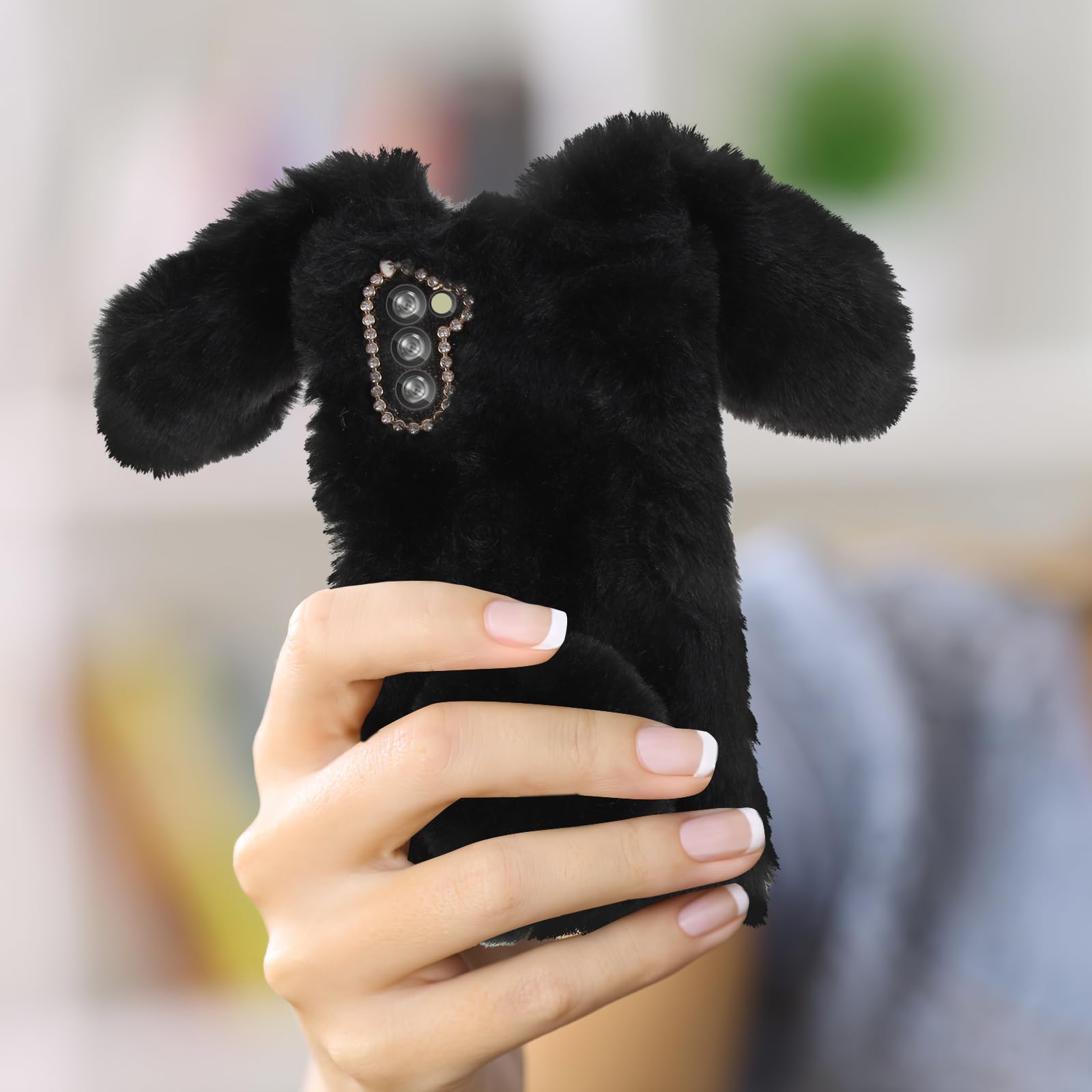 Mikikit Fluffy Cartoon Phone Case for A03s - Cute Plush Protective Cover with Furry Design for Kids & Girls (Black) - Perfect for School, Playtime & Everyday Use