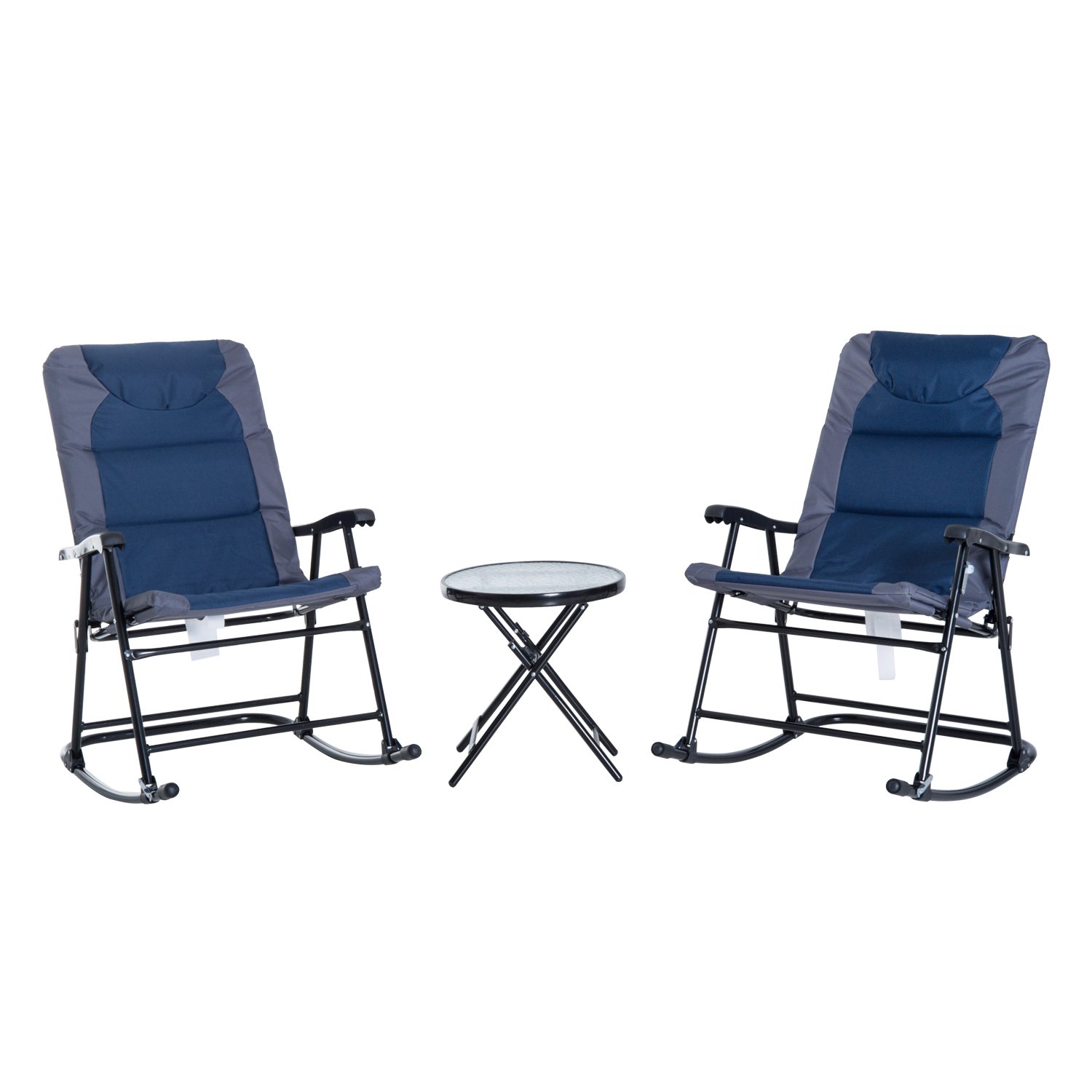 Outsunny 3-Piece Outdoor Patio Furniture Set with Glass Coffee Table & 2 Folding Padded Rocking Chairs - Bistro Style for Porch, Garden, Camping, Balcony, Backyard - Navy Blue - Perfect for Relaxing, Entertaining Guests & Outdoor Dining
