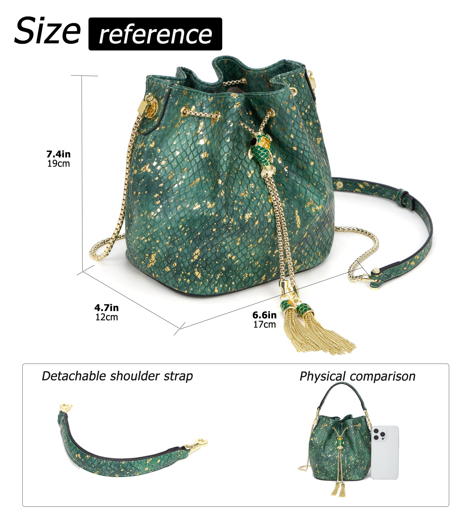 Luxury Leather Crossbody Bucket Bag for Women - Drawstring Shoulder Bag with Detachable Chain Strap | Perfect for Evening Out, Shopping & Travel Accessories
