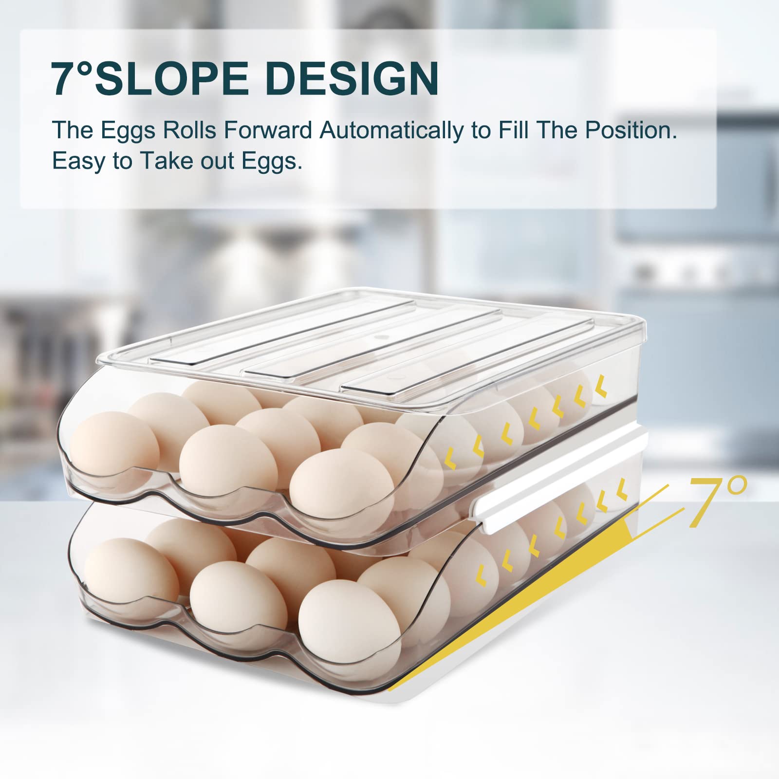 3-Tier Clear Plastic Egg Holder for Refrigerator - Automatic Rolling Egg Storage Container with Lid, Egg Organizer & Dispenser Tray - Perfect for Kitchen Organization & Fresh Egg Storage