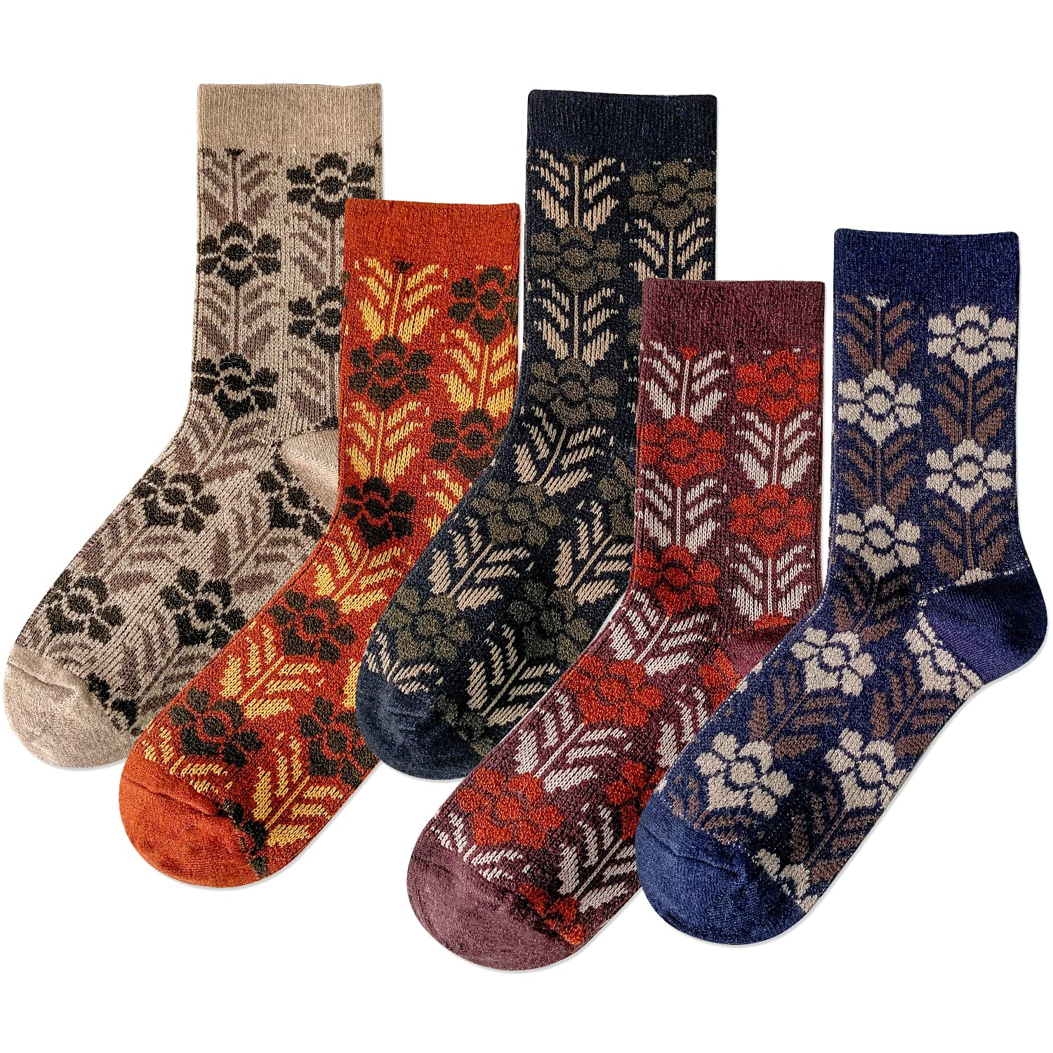 Vintage Wool Socks for Women - 5 Pairs Cozy Crew Socks with Unique Print, Perfect for Christmas Gifts & Winter Wear