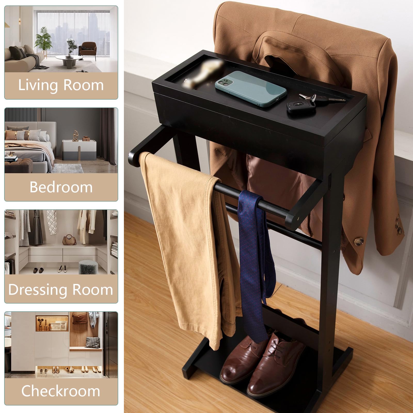 ODUWA Black Valet Stand for Men with Top Tray & Flip-up Storage Compartment - Premium Clothes Organizer for Entryway, Office, Bedroom & Living Room | Perfect for Suits, Jackets, Pants & Accessories