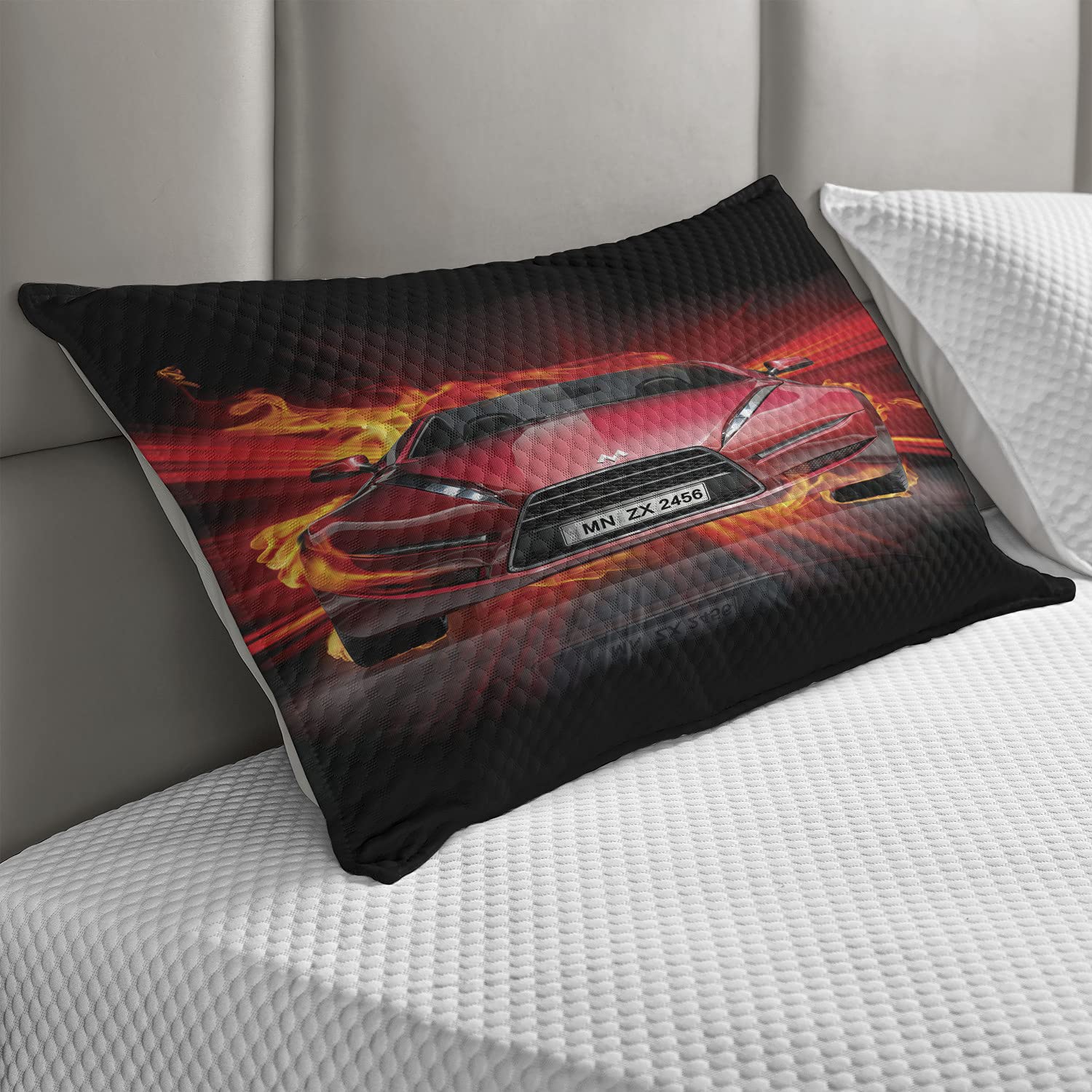 Ambesonne Cars Quilted Pillow Cover - Front View Speeding Car on Abstract Backdrop - Standard Queen Size 30x20 Inch - Orange Black Red Design - Perfect for Bedroom Decor, Living Room Accent & Car Enthusiast Gifts