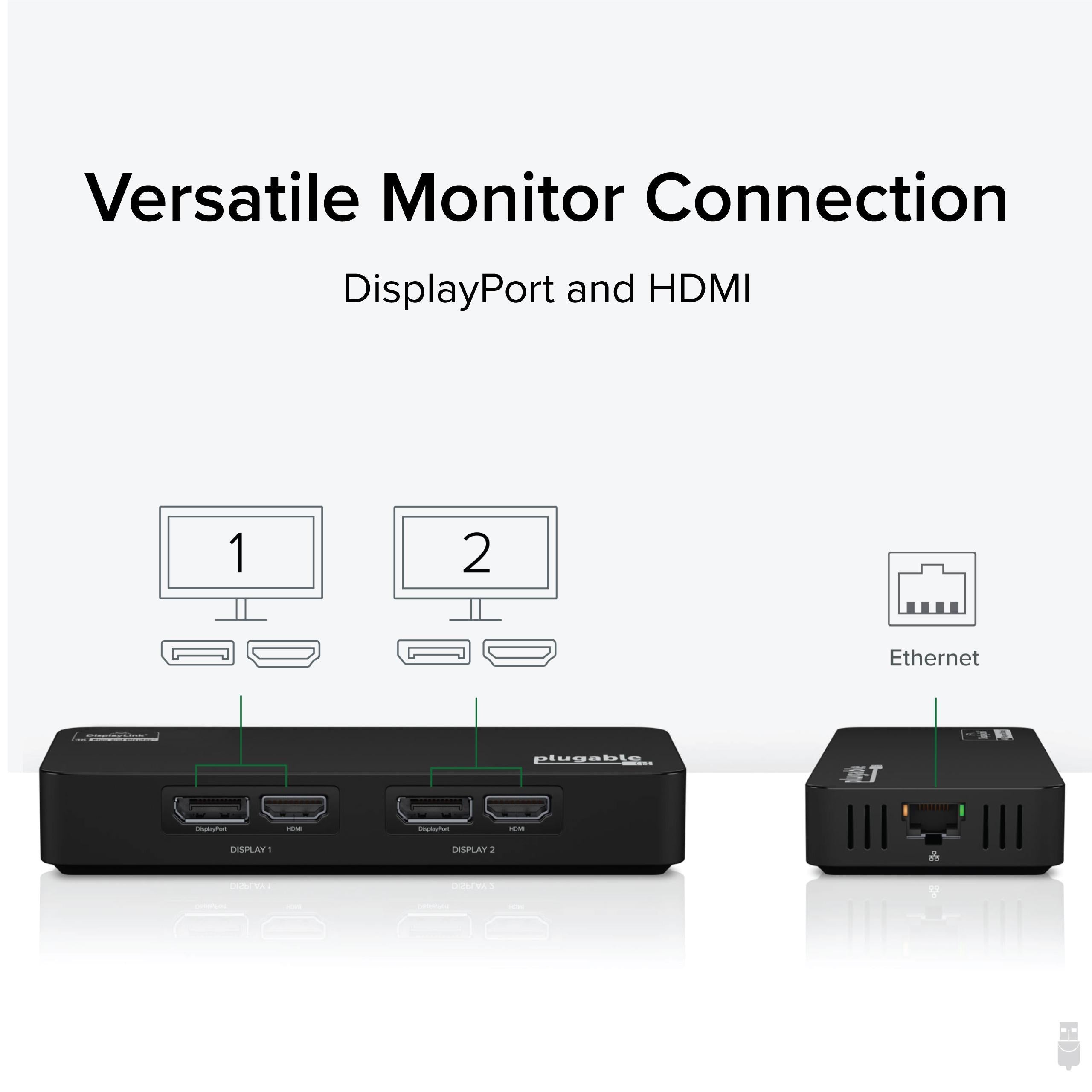 Plugable USB 3.0 & USB-C to Dual 4K HDMI DisplayPort Adapter with Ethernet Port - Ideal for Multi-Monitor Setup, Home Office & Gaming Workstations