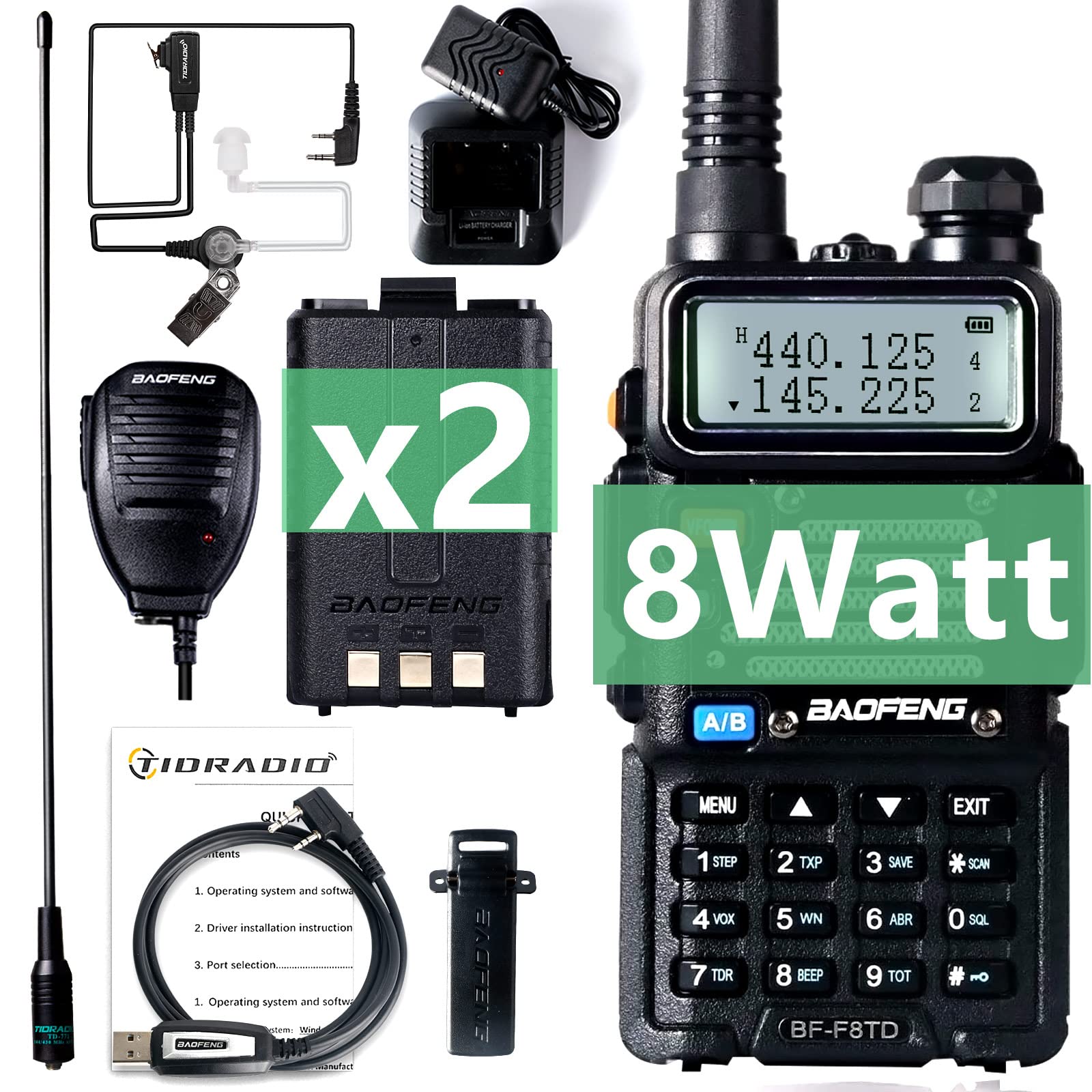 Upgraded BaoFeng UV-5R 8Watt Ham Radio Handheld - Dual Band Walkie Talkie with 1800mAh Battery & 771 Long Antenna - Full Kit Included for Outdoor Adventures, Emergency Communication & Hobbyist Use