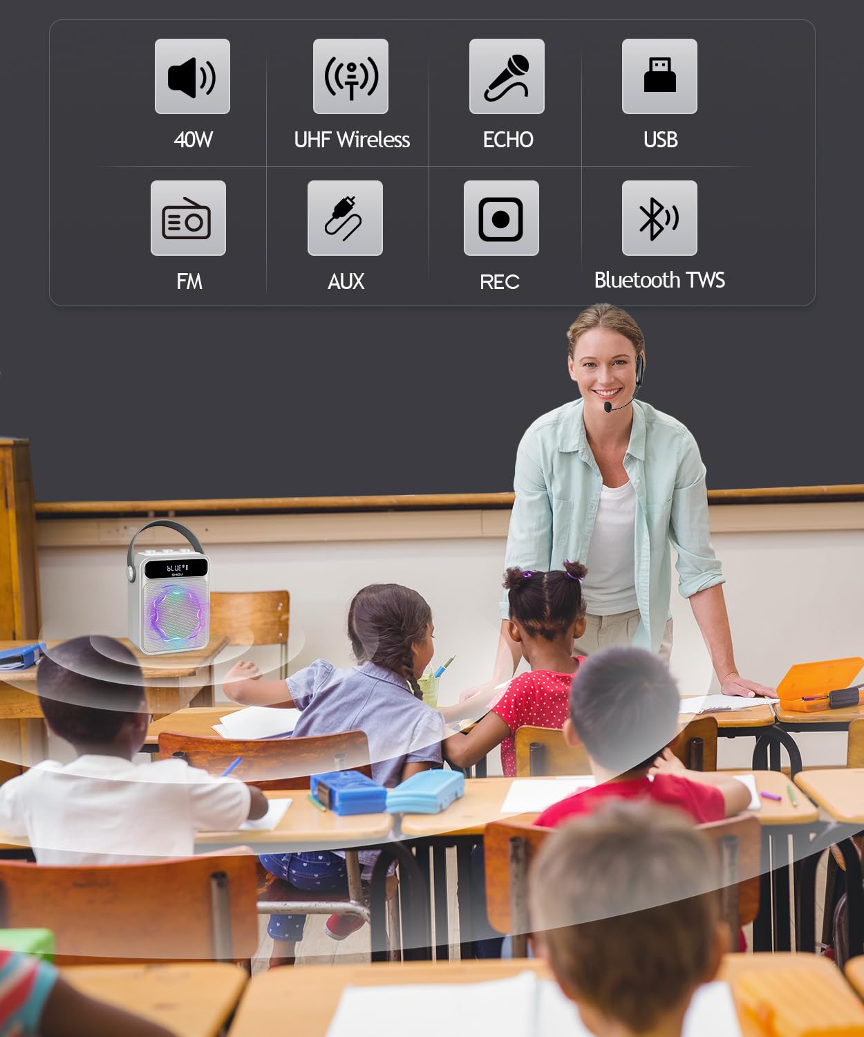 SHIDU Wireless Voice Amplifier with Headset Microphone - Bluetooth Portable PA System for Teachers, Classroom, Meetings & Outdoor Use | Rechargeable Megaphone for Public Speaking, Presentations & Events