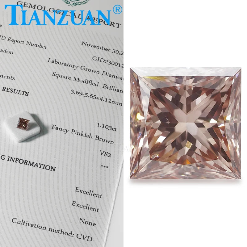Lab Grown CVD Diamond - 1CT to 2CT Square Shape Loose Gemstone, VS1-VS2 Clarity, 2EX Cut, Fancy Pinkish Brown Color, GEMID Certified - Perfect for Engagement Rings, Jewelry Making & Custom Designs