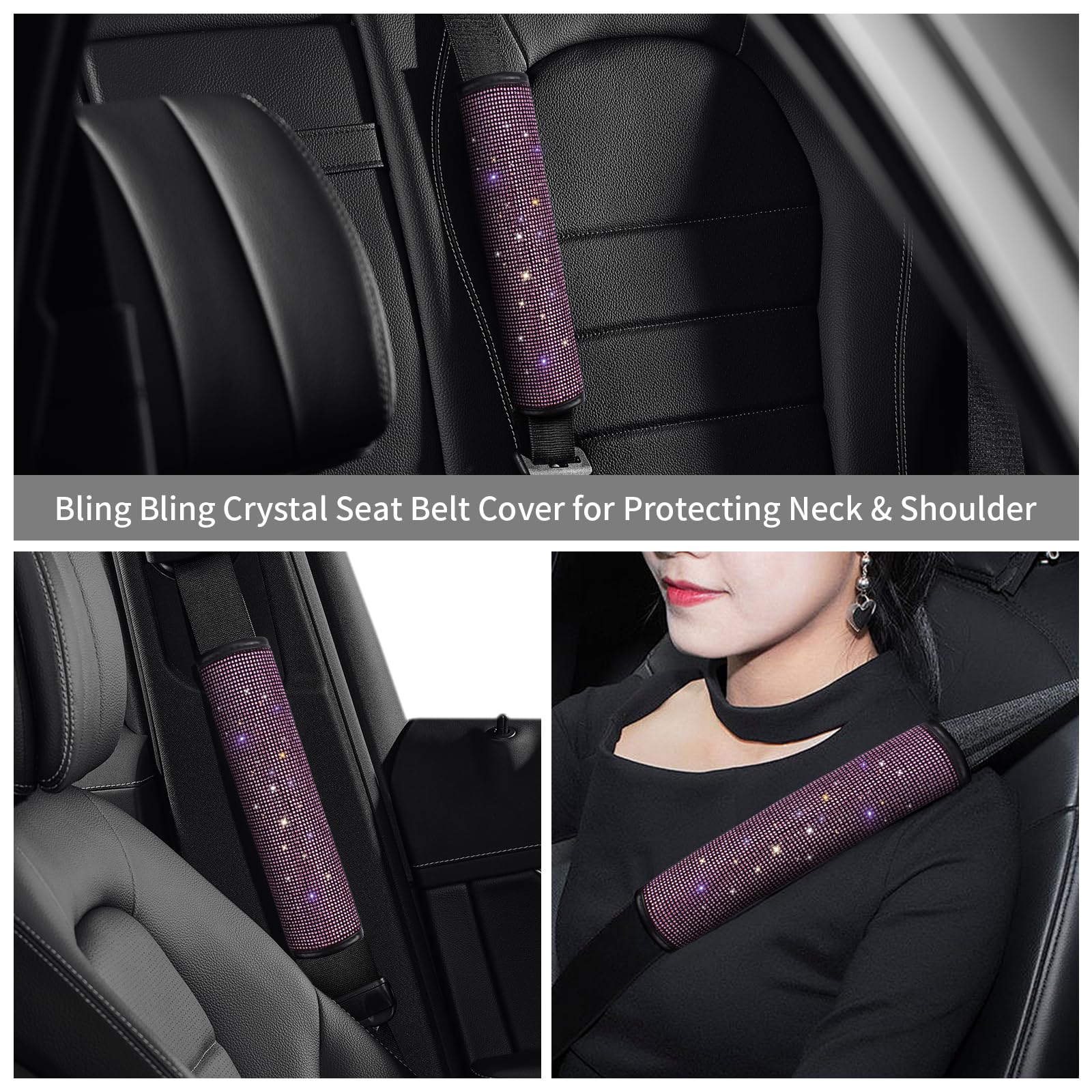 Surpassme 2PC Rhinestone Car Seatbelt Covers - Crystal Embellished Seat Belt Pads for Shoulder & Neck Comfort | Universal Fit for Car, SUV, Truck (Pink) | Perfect for Long Drives & Road Trips