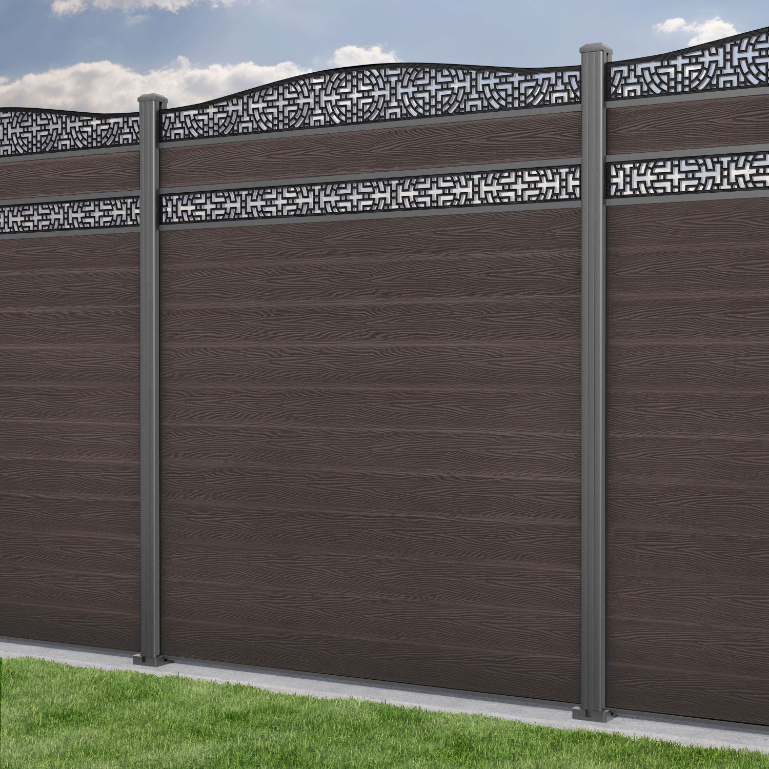 Classic Kumo Curved Top Split Screen Fence Panel - Mid Brown Wood Privacy Screen with Aluminum Posts - Perfect for Backyard, Patio, and Garden Decoration