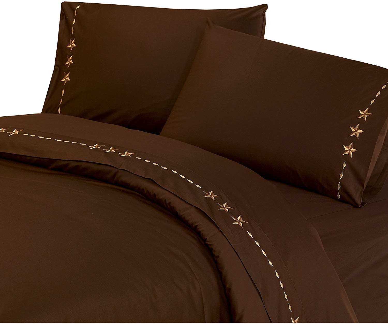 Premium Embroidered Star Western 350 Thread Count King Size Bed Sheet Set in Chocolate Brown - Luxury Soft Bedding for Western Home Decor, Guest Rooms & Ranch Style Bedrooms