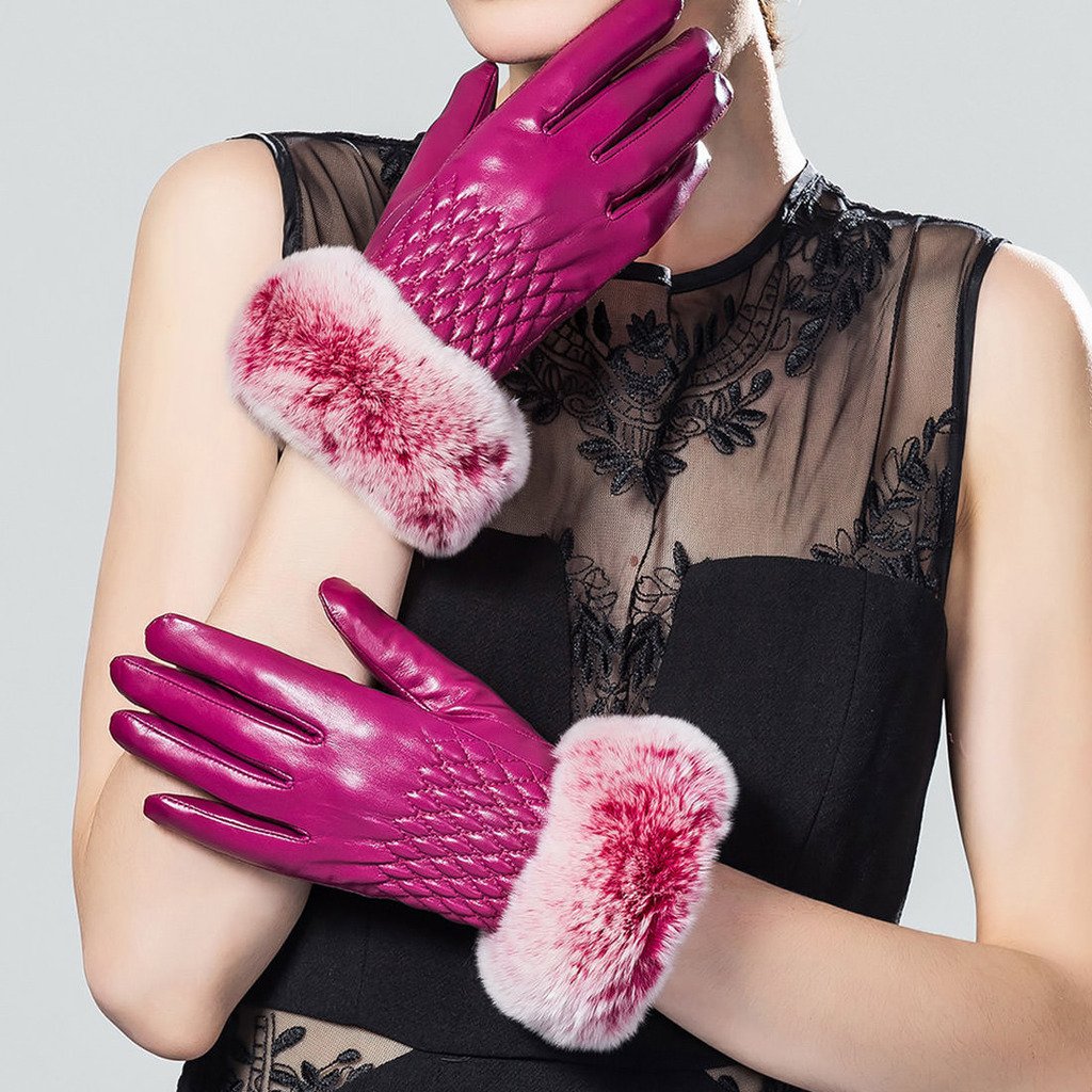 Women's Winter Leather Gloves with Rex Rabbit Fur Cuff - Warm Soft Touchscreen Gloves for Cold Weather, Driving, Outdoor Activities & Fashion