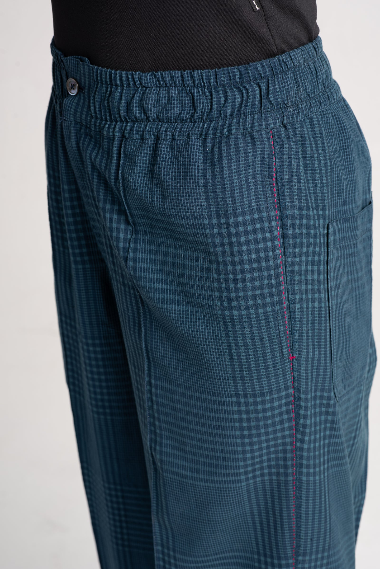Chandrika Women's Cotton Silk Checkered Teal Trousers - Comfortable & Stylish for Work, Travel & Casual Wear