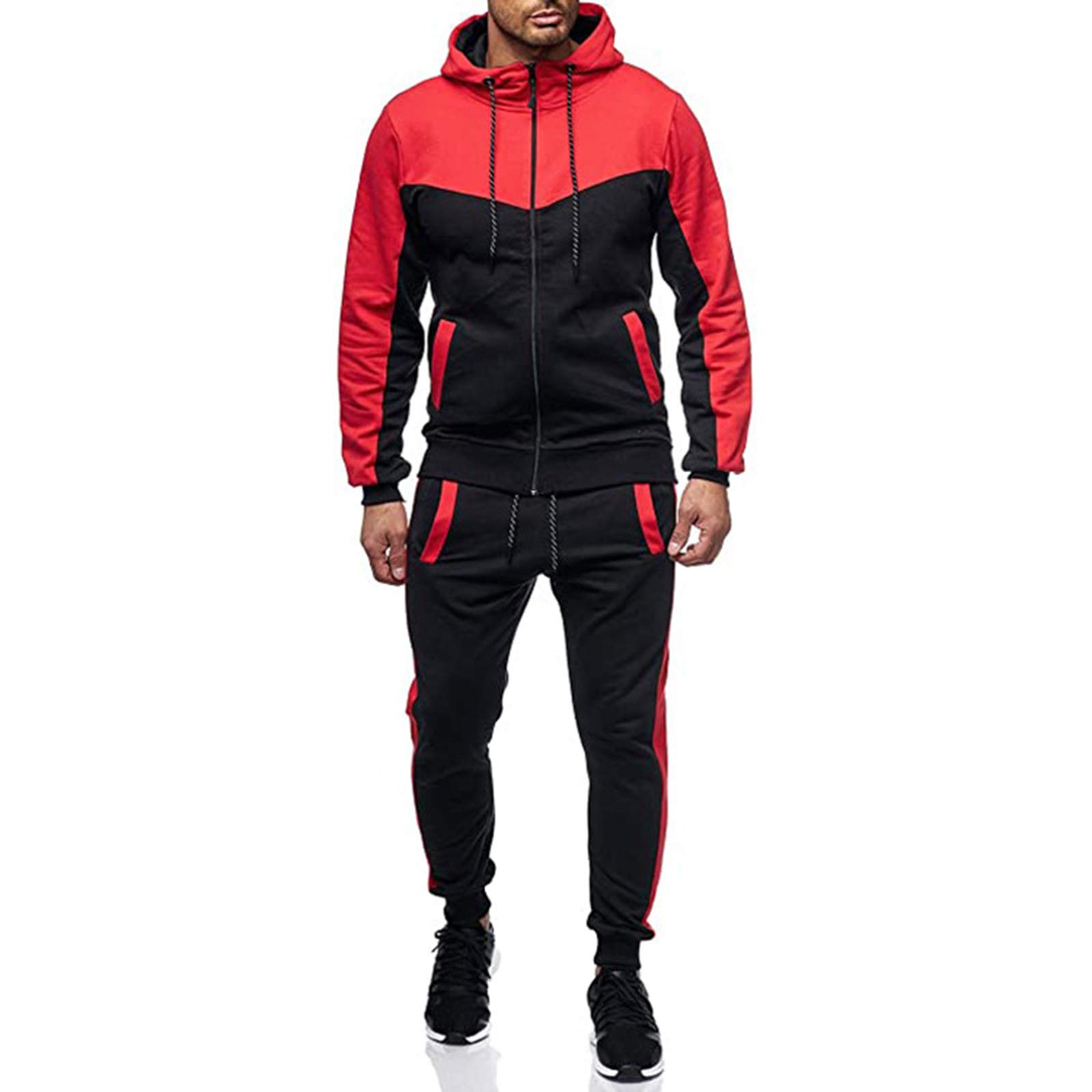 **AvoDovA Men's 2-Piece Sweatsuit Set - Hooded Patchwork Sweatshirt & Jogger Pants for Winter, Sports, and Casual Wear**    *(Use Cases: Gym Workouts, Running, Lounging, Streetwear Fashion, Cold Weather Comfort)*