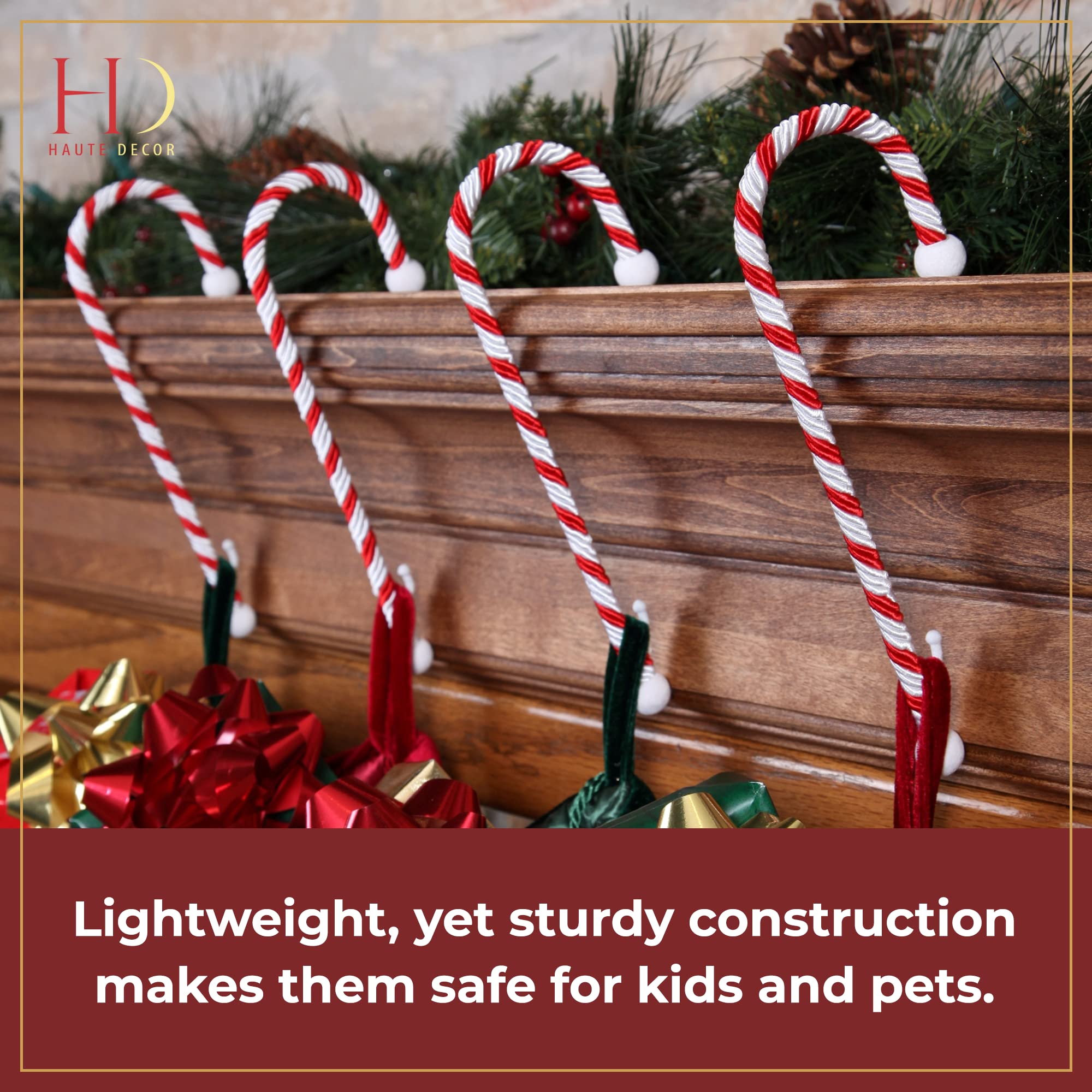 Haute Decor Candy Cane Stocking Holder (Classic Red & White, 4-Pack) - Lightweight Christmas Stocking Hanger for Fireplace Mantel, Holds up to 10 lbs - Perfect for Holiday Decorations, Gift Hanging & Festive Home Decor