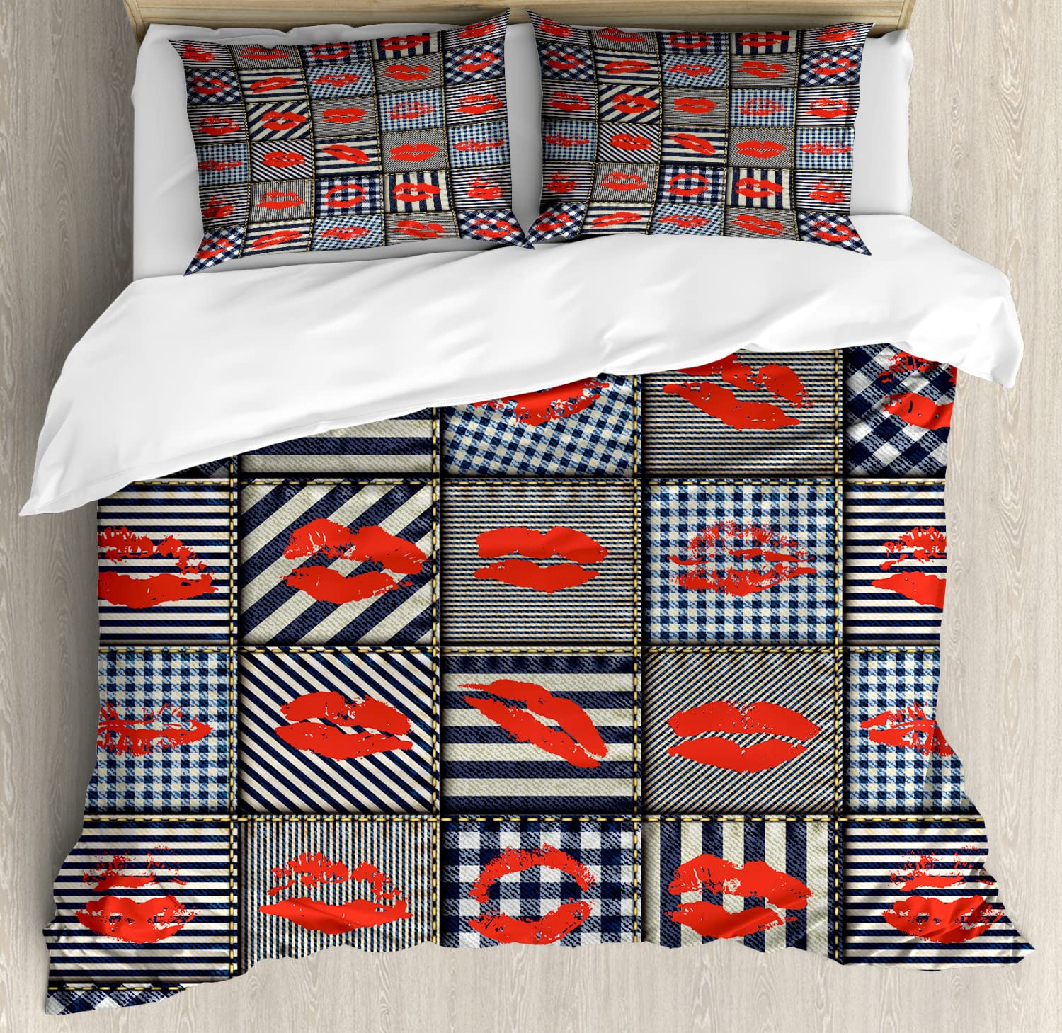 Ambesonne Colorful Duvet Cover Set - Lipstick Kiss Pattern on Houndstooth Groovy Backdrop, 2-Piece Cal King Bedding Set with 4 Pillowcases (Black & Red) for Modern Bedroom Decor & Gift Ideas