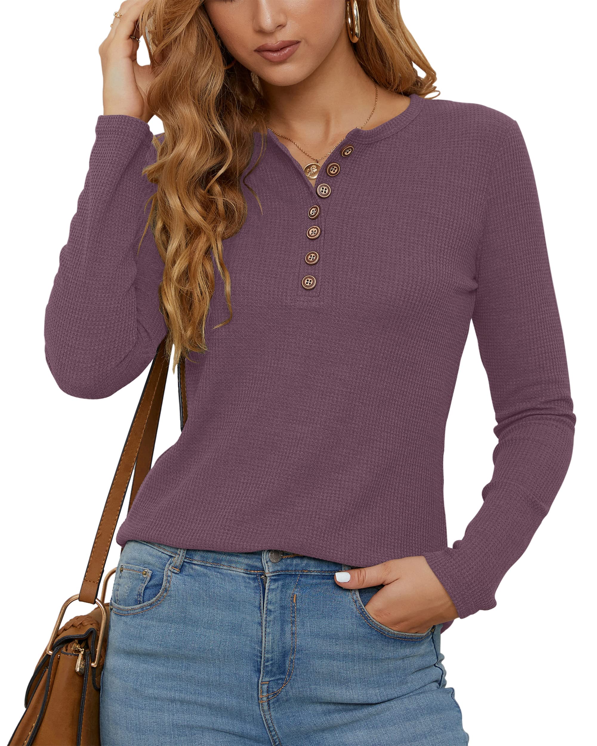 WNEEDU Women's Waffle Knit Long Sleeve Henley Shirt - Slim Fit Button Down V-Neck Casual Blouse for Work, Date & Everyday Wear
