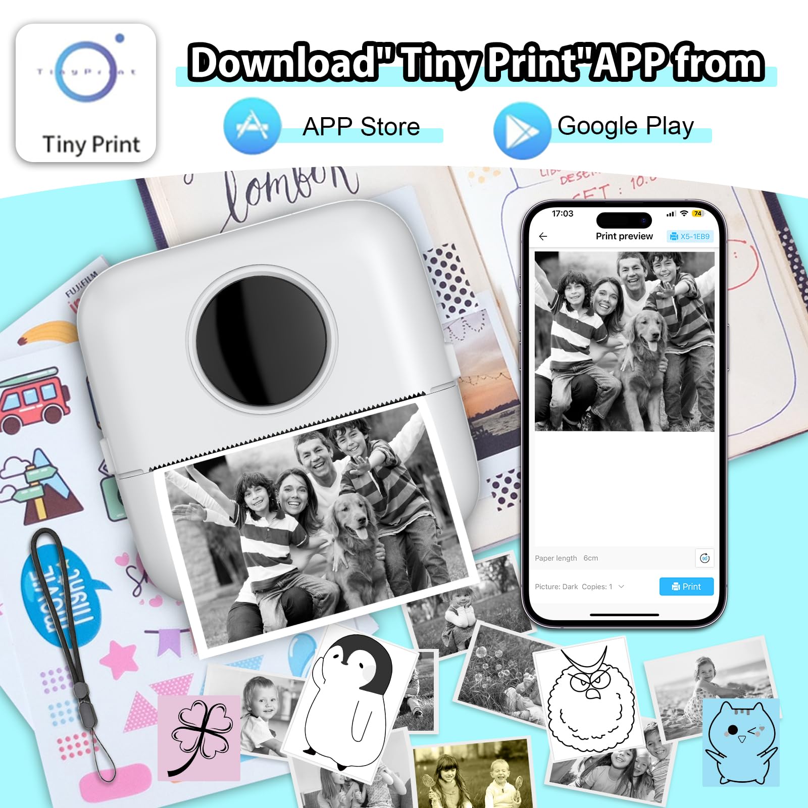 HuiJuKeJi Mini Bluetooth Thermal Pocket Printer for iOS & Android - Portable Inkless Printer with Hard Protection Case, 11 Rolls Thermal Paper & Sticker - Print Photos, Receipts, Notes - Perfect for Home, Office, Travel & Gift Giving