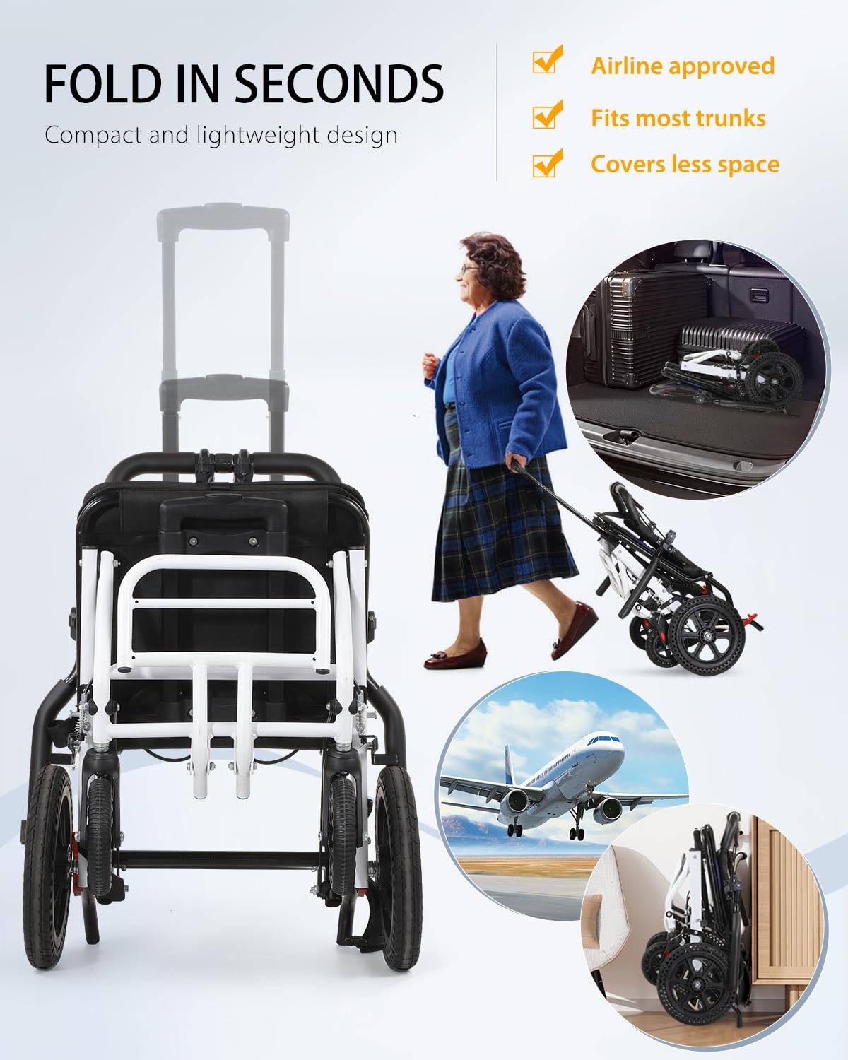 Lightweight Transport Wheelchair - Portable Folding Wheelchair with Extra-Wide Armrests & 10