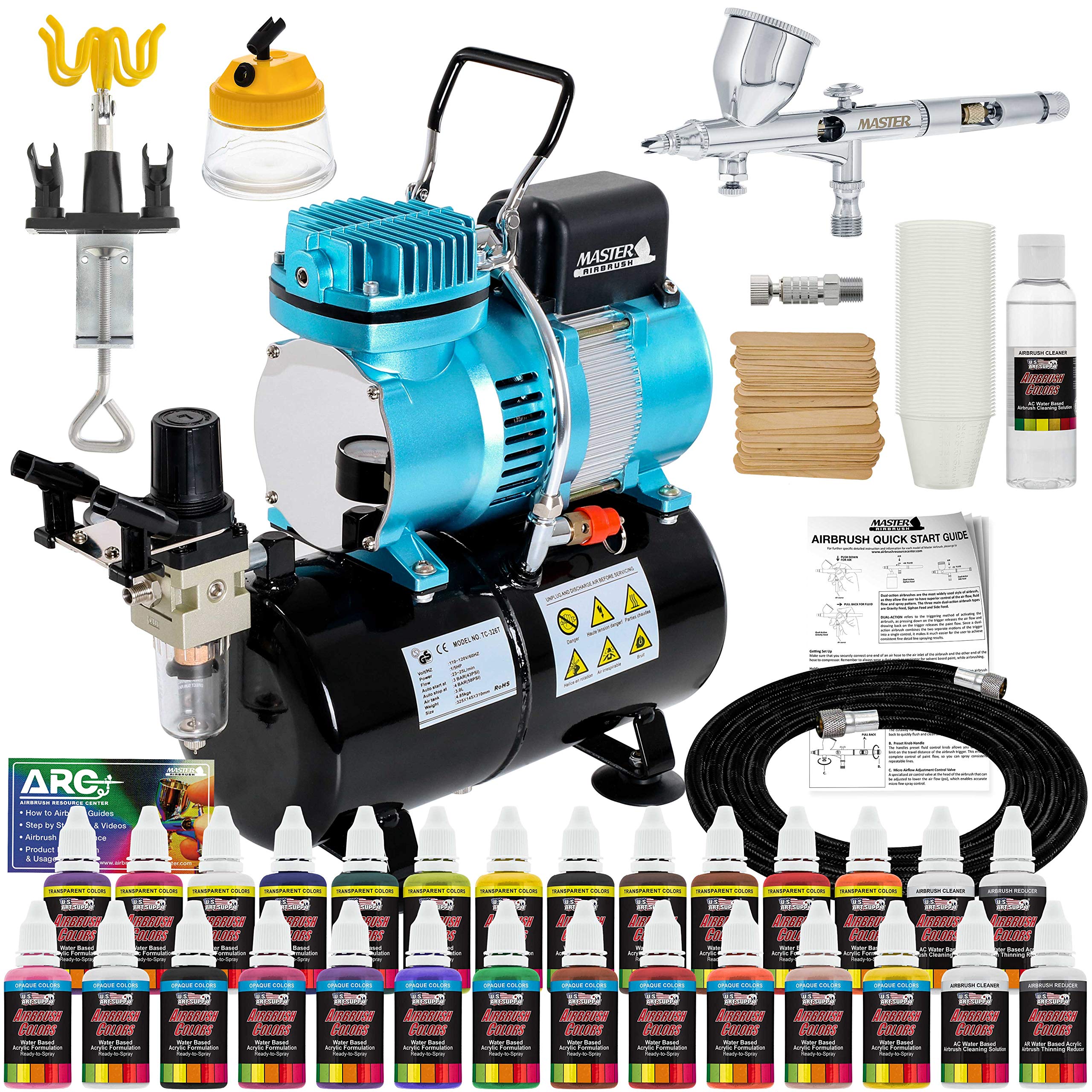 Master Airbrush Cool Runner II Dual Fan Air Storage Tank Compressor Kit with G44 Fine Detail 0.2mm Tip Airbrush - 24 Color Acrylic Paint Artist Set, Holders & Cleaning Pot - Perfect for Model Painting, DIY Crafts & Tattoo Practice