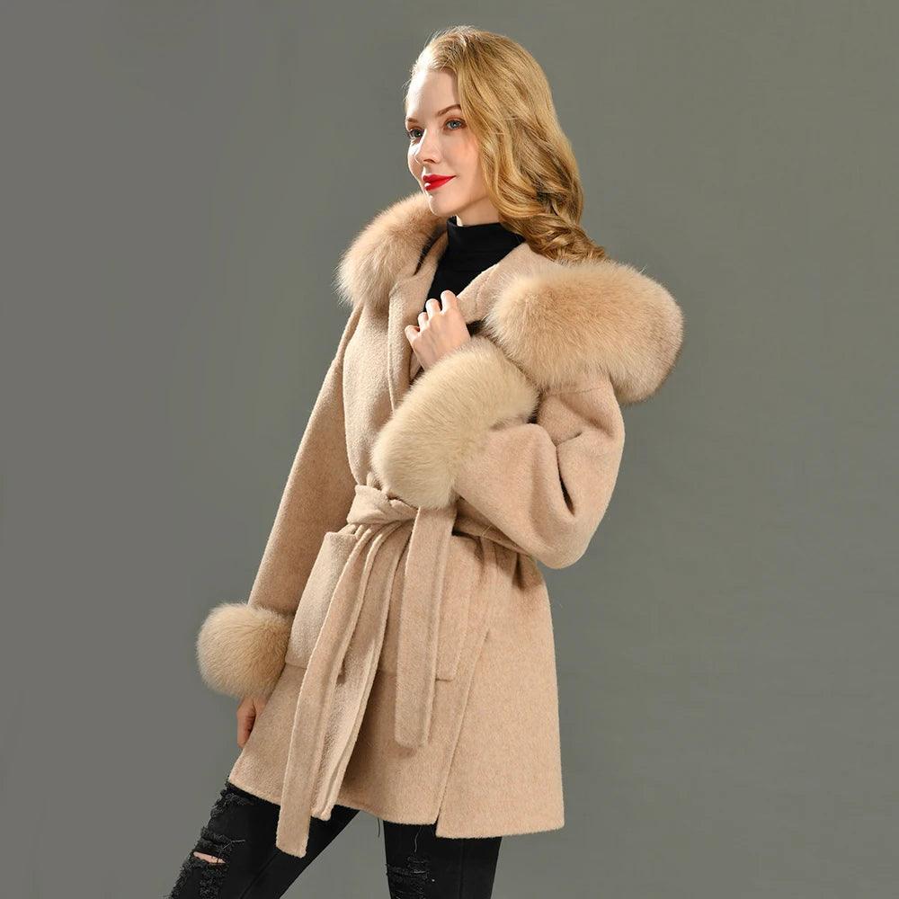 Luxury Women's Winter Coat with Real Fox Fur Hood & Cuffs - 100% Natural Fur, Cashmere Wool Blend, Oversized Loose Fit Jacket for Cold Weather - Perfect for Snowy Days, Outdoor Activities & Fashionable Winter Outfits