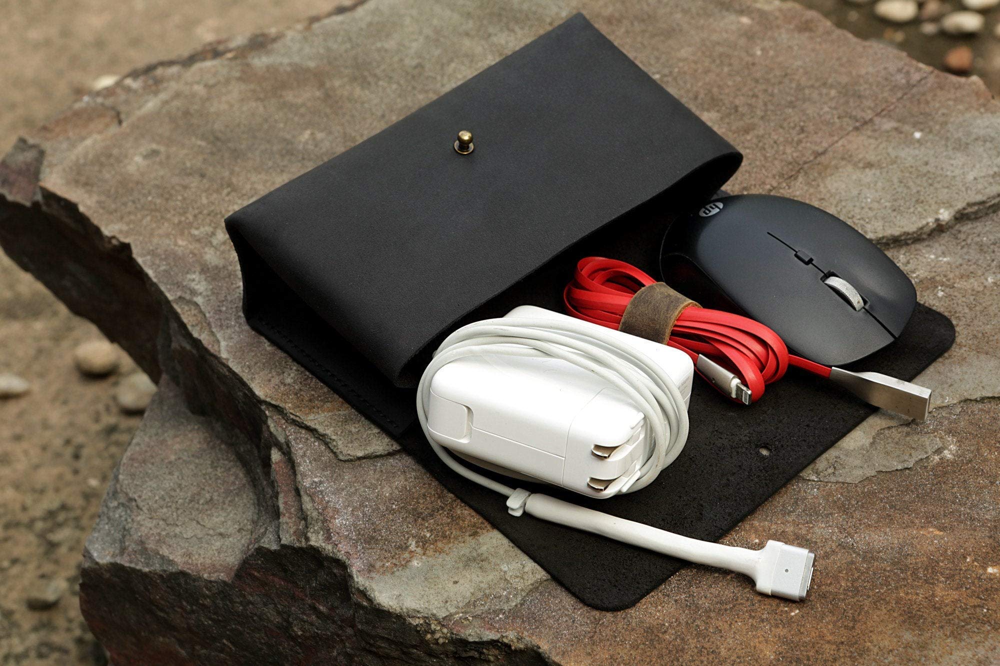 Premium Handcrafted Black Leather MacBook Charger Pouch - Protective Case for MacBook Power Adapter & Cord Organizer (Model MC11PB) - Perfect for Travel, Office & Home Use