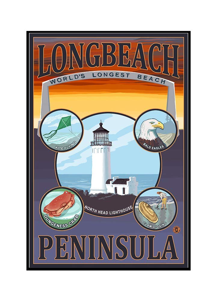Long Beach Washington Travel Poster - 24x36 Framed Gallery Wrapped Stretched Canvas Wall Art - Perfect for Home Decor, Office & Coastal Themed Interior Design