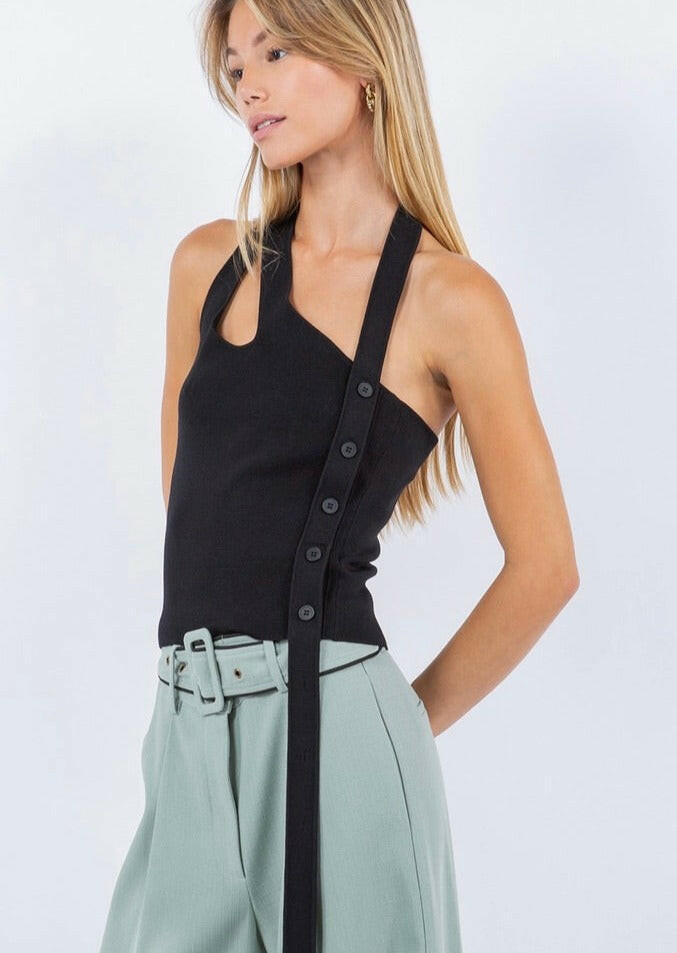 Black Asymmetrical Tank Top with Side Button Detail - Stylish & Trendy for Casual Outings, Summer Wear & Layering