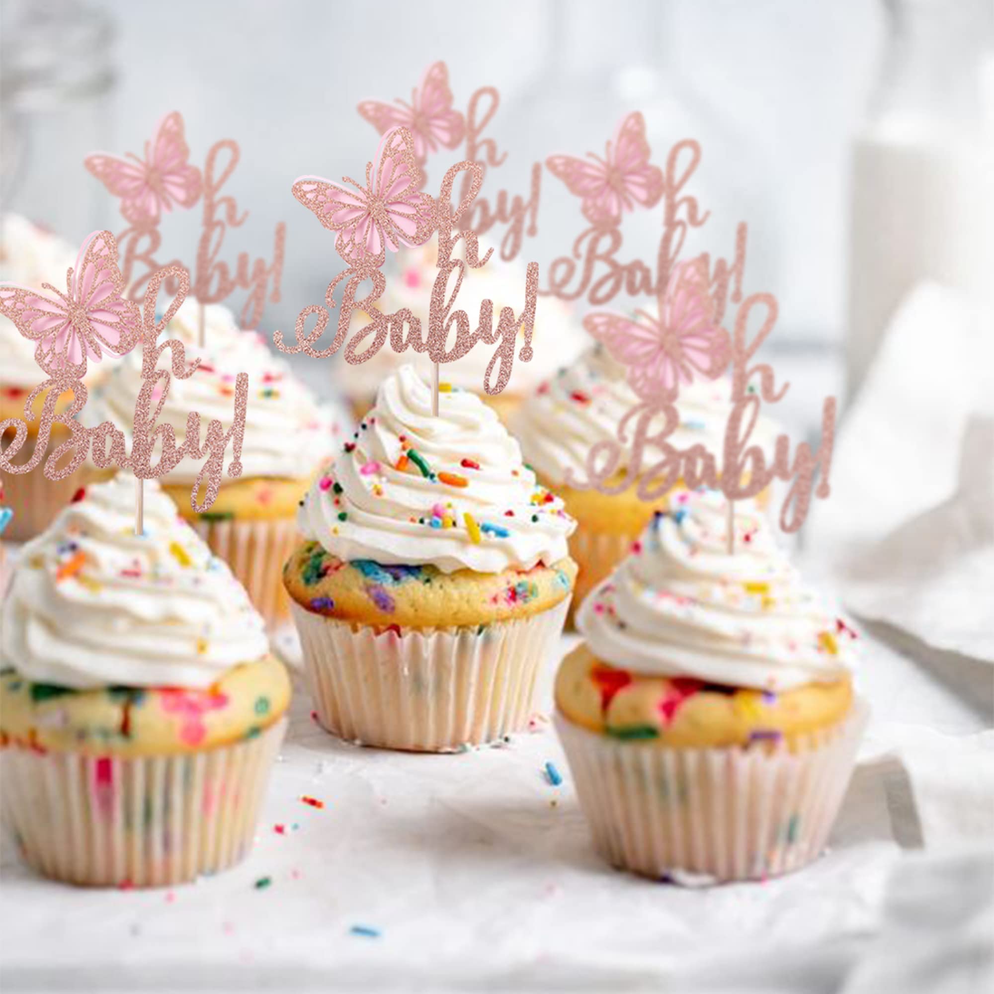 24 Pack Butterfly Cupcake Toppers - Glitter Baby Shower & Birthday Party Decorations - Rose Gold Butterfly Cupcake Picks for Kids Birthday, Baby Shower Theme Party Supplies | Perfect for Wedding, Bridal Shower, Gender Reveal & Celebration Decor