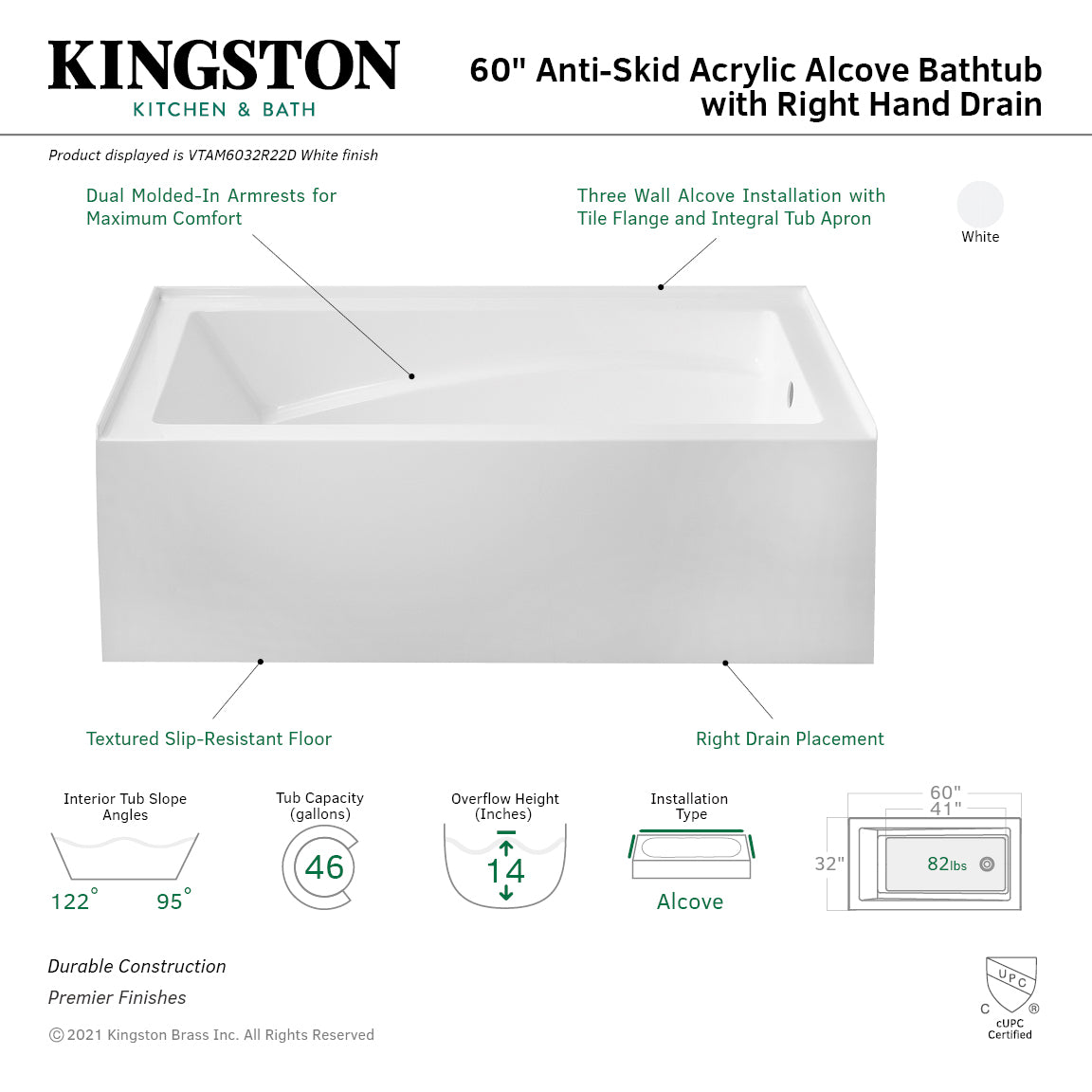 Aqua Eden 60 Inch Acrylic Rectangular 3-Wall Alcove Bathtub with Armrest & Anti-Skid Surface - Right Hand Drain, Glossy White - Perfect for Modern Bathrooms & Spa-Like Relaxation