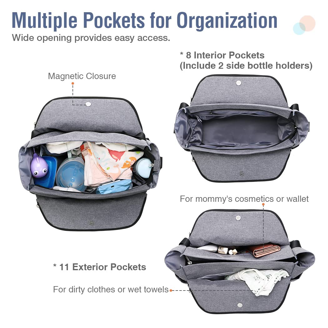 Lekebaby Waterproof Diaper Bag Tote - Large Baby Bag for Moms, Hospital & Travel - Grey Messenger Purse | Perfect for Newborn Essentials, Daycare & Family Outings