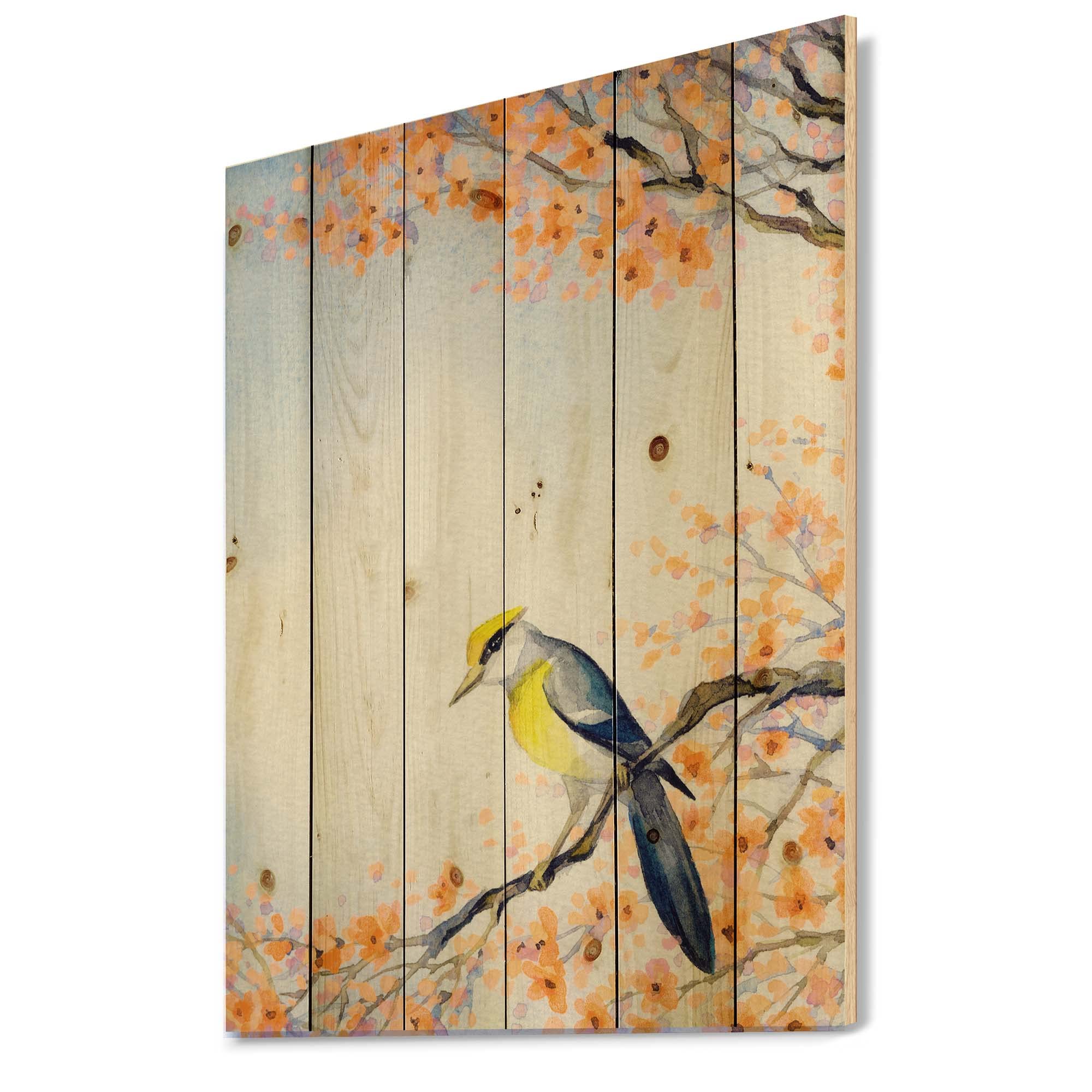 Blue Bird on Flowering Branch Traditional Wood Wall Art - Handcrafted Pine Wood Decor for Living Room, Bedroom & Office - Large Animal Print Wood Panels for Rustic Home Decor