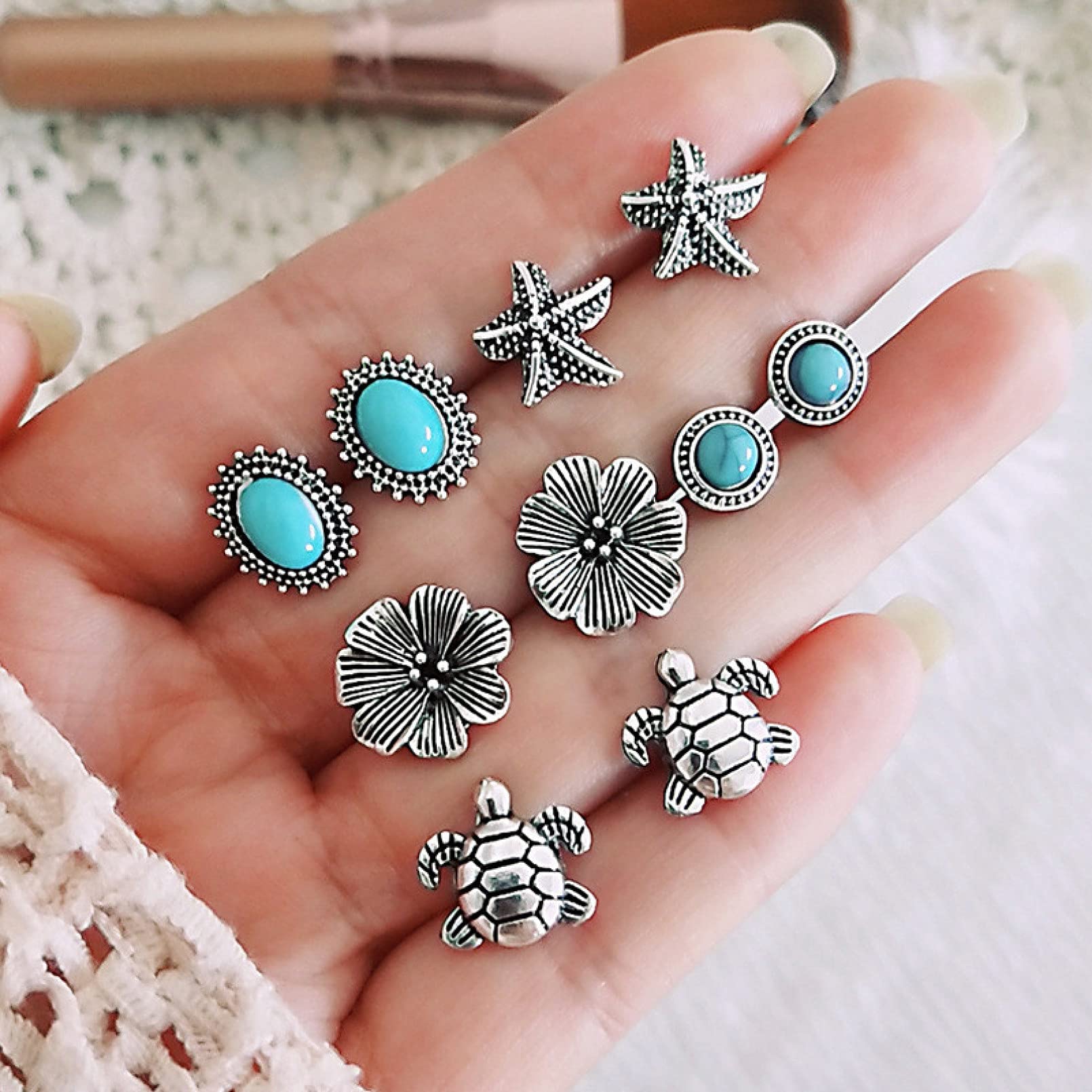 Vintage Silver Stud Earrings for Women - Bohemian Flower Beaded Jewelry Set, Mini Stone Earrings for Girls & Women, Perfect Gift for Girlfriend, Wife, Sister, Daughter or Mother (Birthday, Anniversary, Valentine's Day) | Elegant Everyday Wear & Special Occasion Accessories