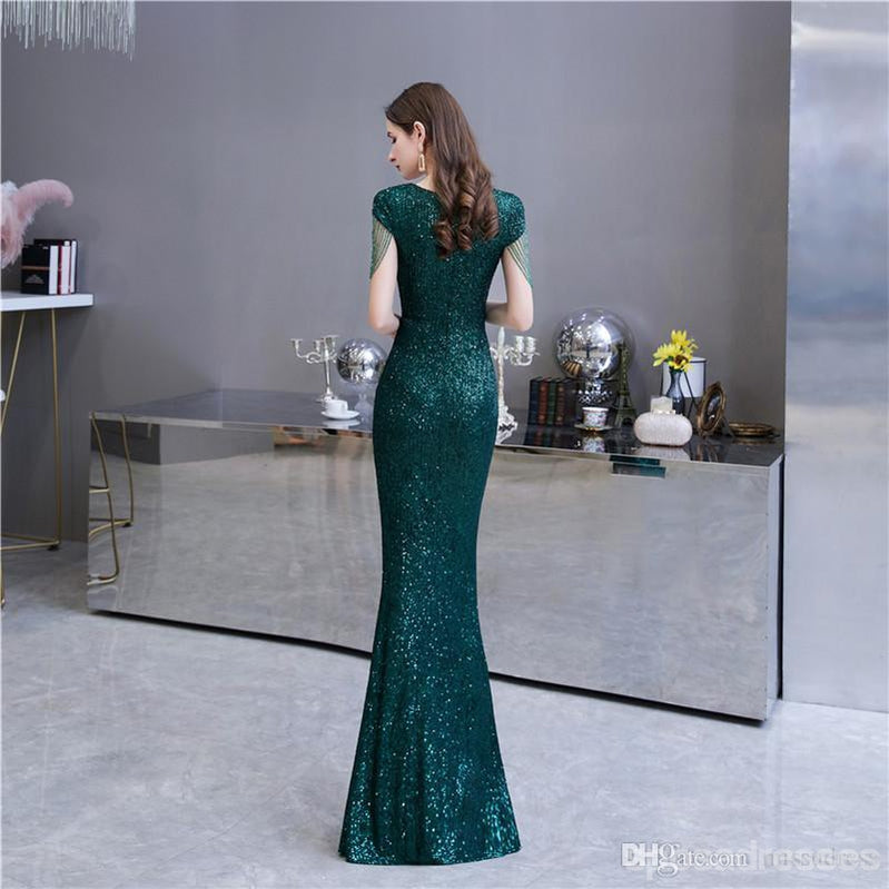 Green Mermaid Sequin V-Neck Cap Sleeves Long Prom Dress for Women | Elegant Evening Gown for Party, Homecoming, Wedding Guest | Perfect for Formal Events & Special Occasions