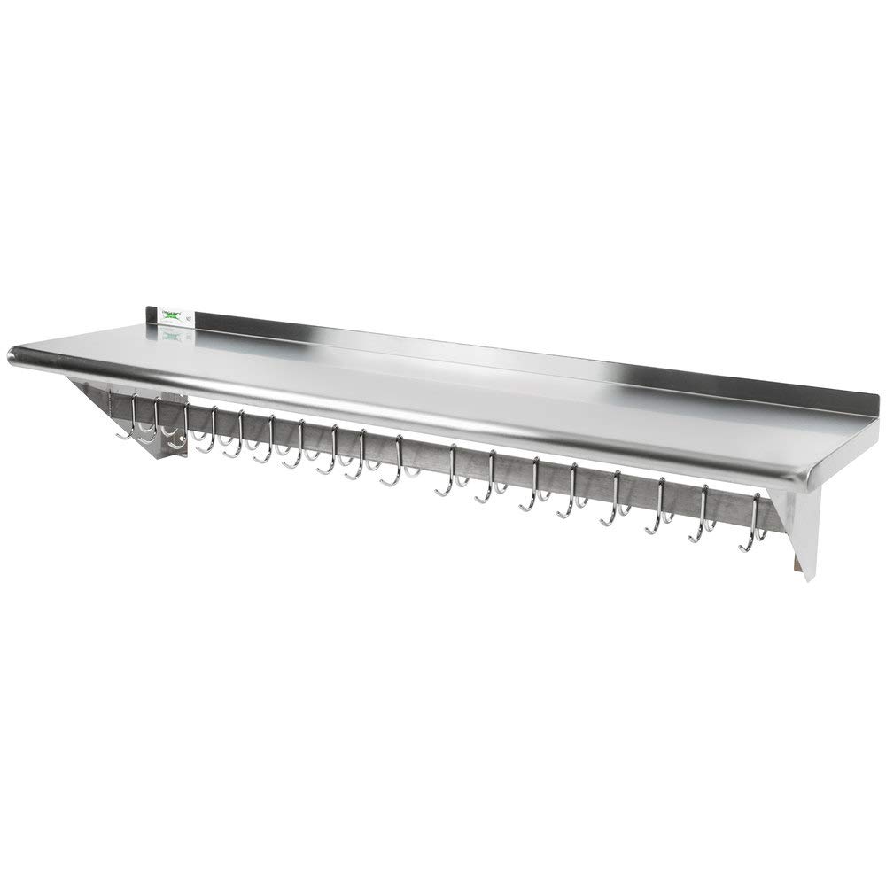 TableTop King 15x60 Inch Stainless Steel Wall Mounted Kitchen Pot Rack with Storage Shelf & 18 Galvanized Hooks - Space Saving Cookware Organizer for Small Kitchens, Restaurants & Home Use