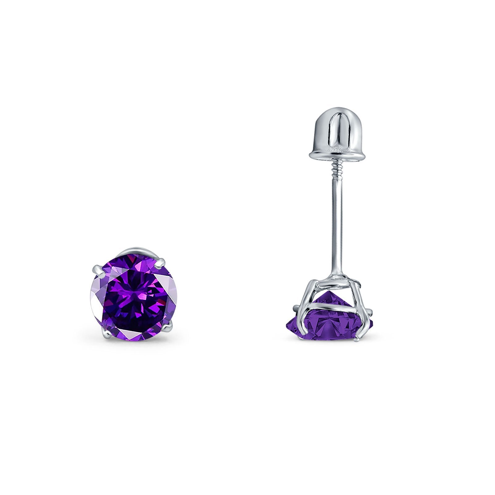 14K White Gold Round Solitaire Stud Earrings with Screw Back - Simulated Amethyst Cubic Zirconia Gemstone Jewelry for Women - Perfect for Weddings, Anniversaries & Everyday Elegance
