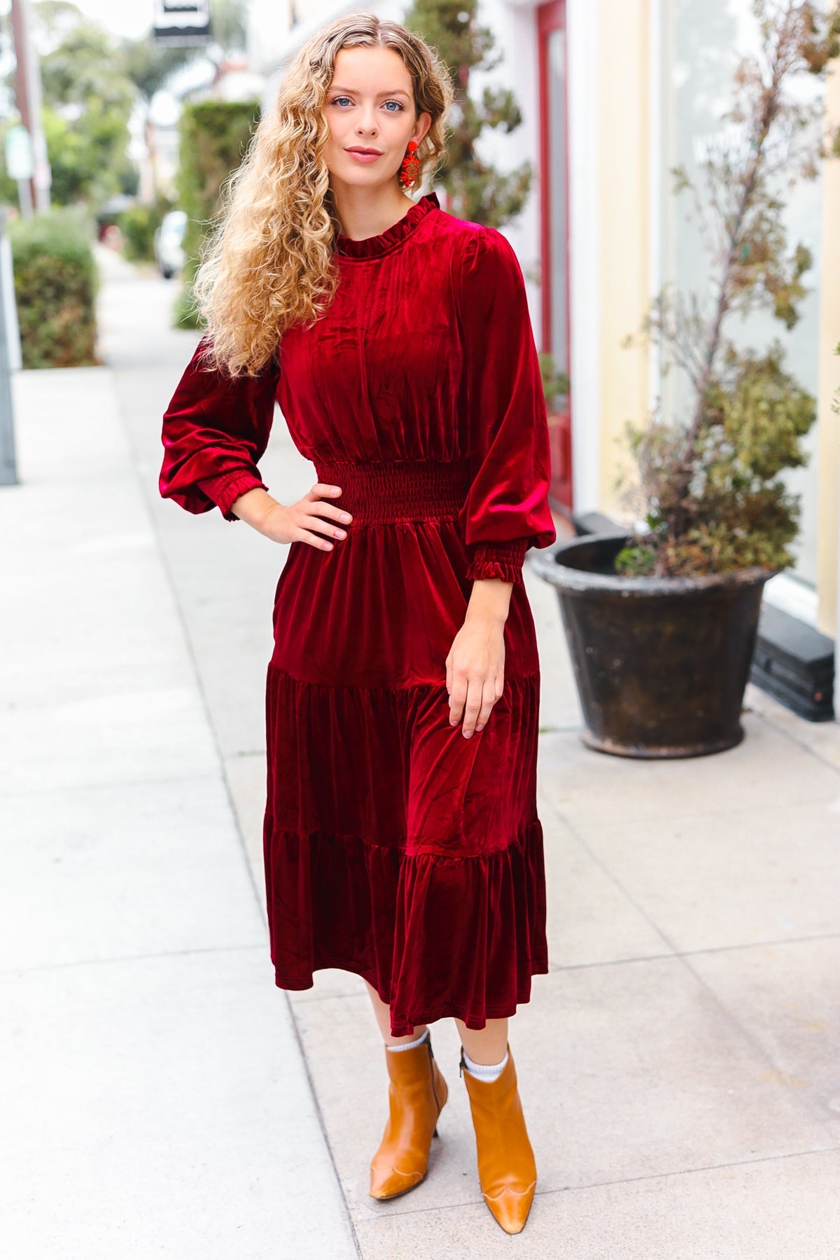 Burgundy Velvet Mock Neck Smocked Waist Dress for Women - Elegant Holiday Party & Christmas Dinner Outfit