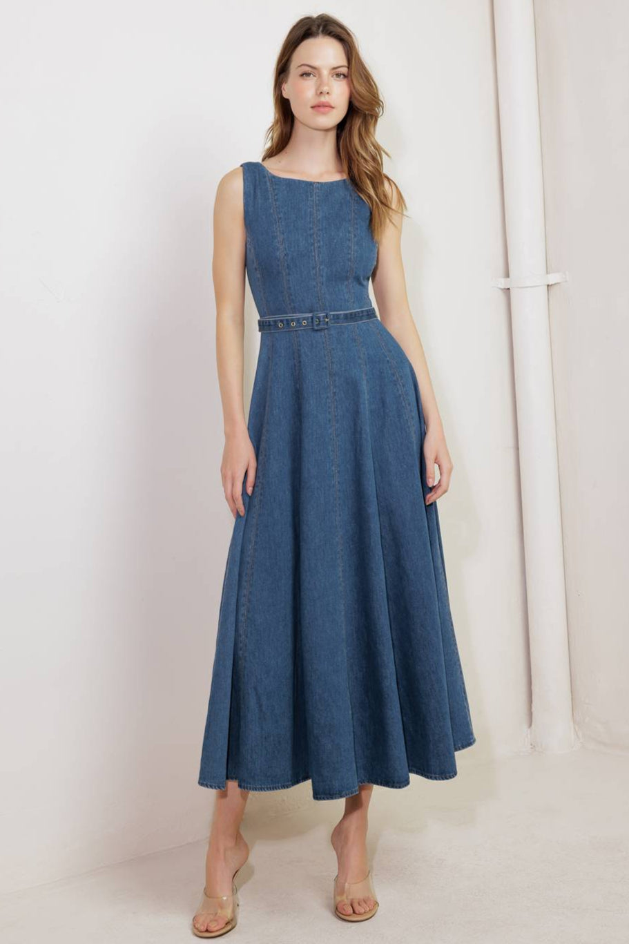 LETTIE Denim Midi Dress for Women - Washed Blue Boat Neck Casual Dress - Perfect for Spring Outfits, Brunch Dates & Weekend Wear