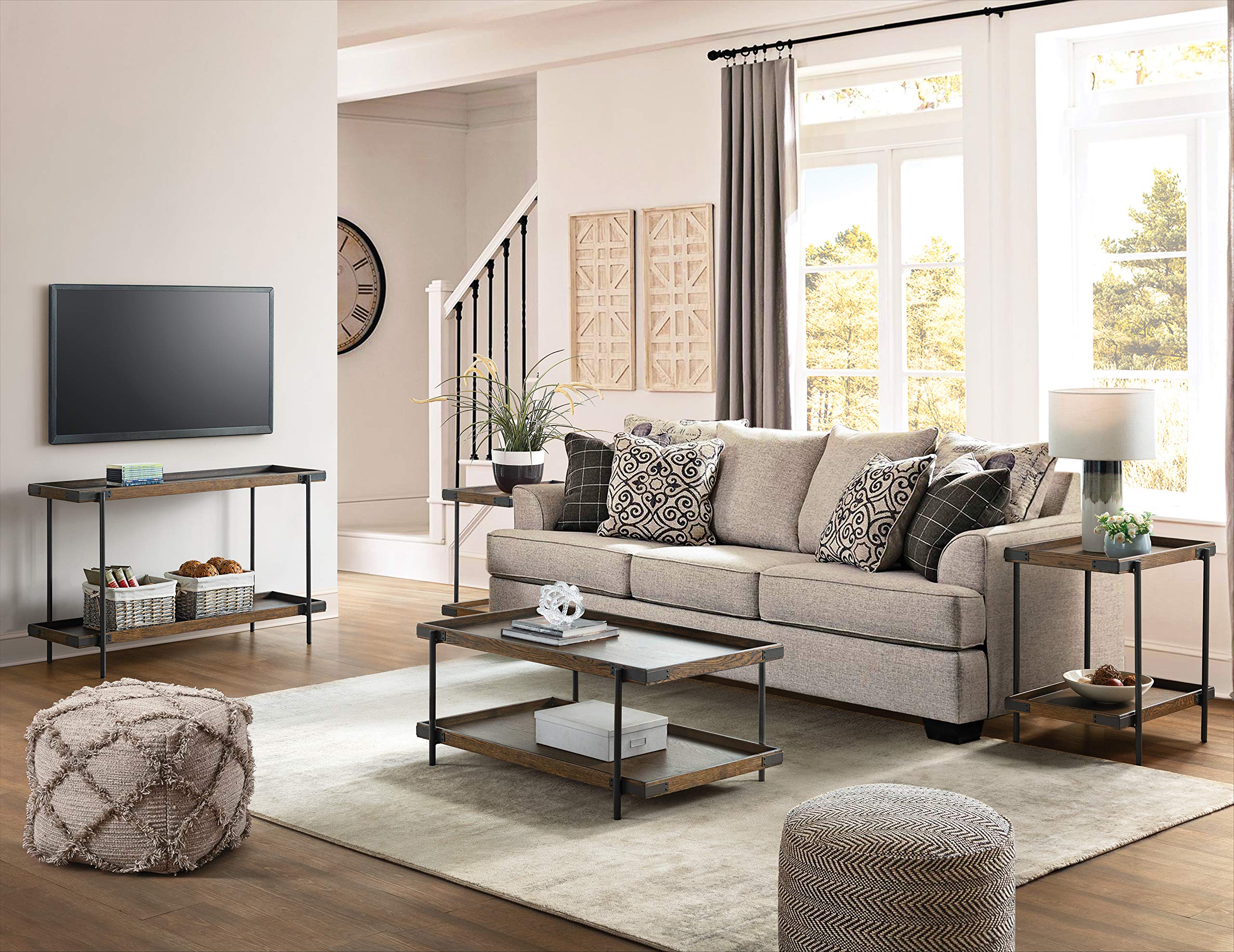 Kyra 4-Piece Oak & Metal Living Room Set with Coffee Table - Perfect for Small Spaces