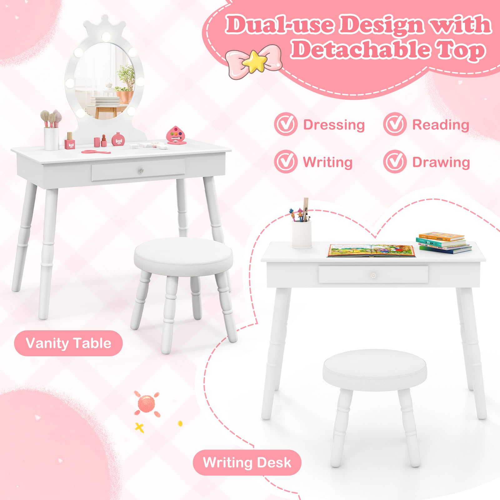 HONEY JOY Kids Vanity Set with LED Lights - Princess Wooden Makeup Table & Stool with Drawer, 3-Color Adjustable Lighting, Toddler Dressing Vanity for Girls Ages 3-8, Pretend Play Furniture for Bedroom & Playroom (White) - Perfect for Birthday Gifts & Role Play Activities