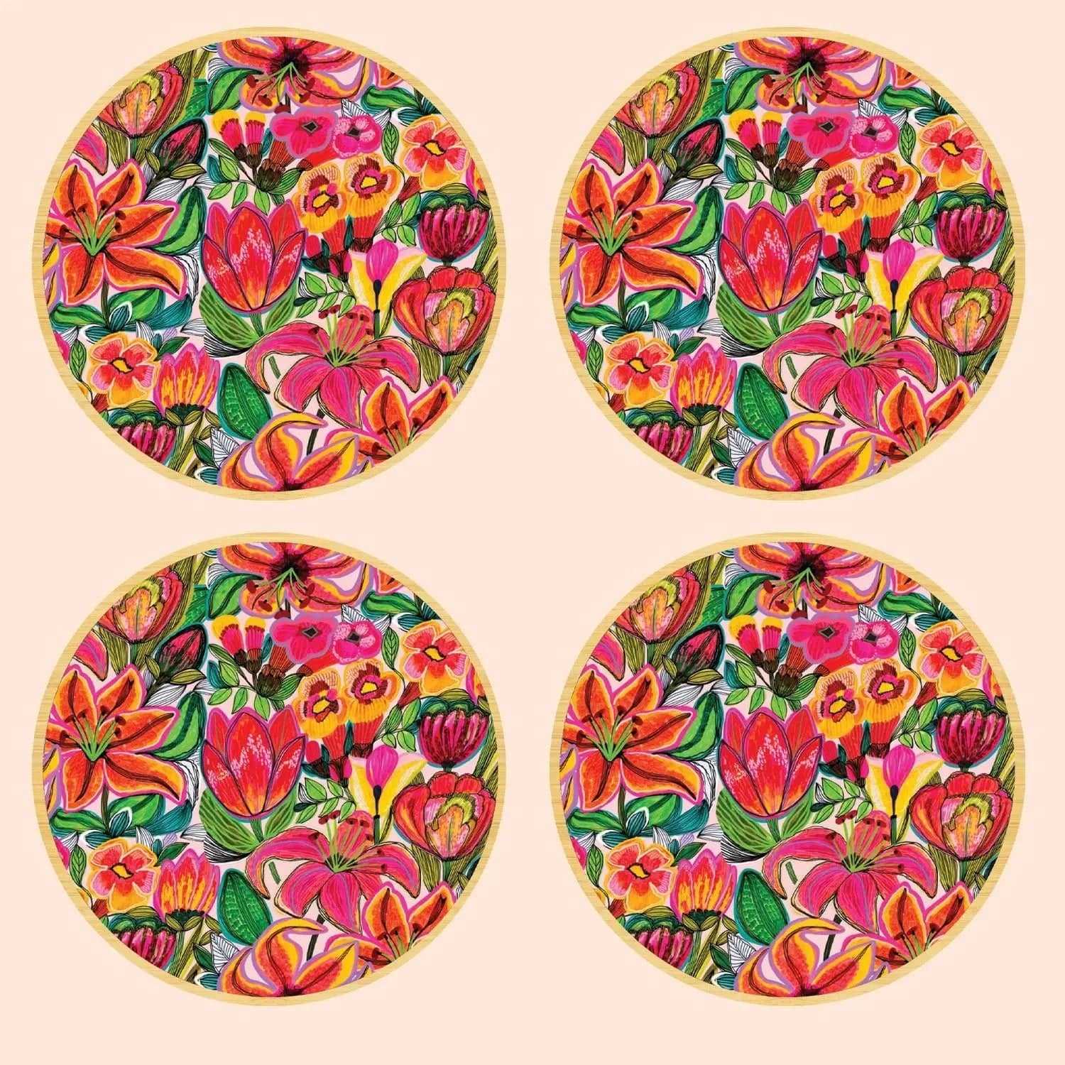 Tigerlily & Tulip Floral Wooden Coaster Set - 4-Piece Handmade Drink Coasters for Coffee Table, Home Decor, and Gift Giving - Perfect for Dining Table, Office Desk, and Party Use