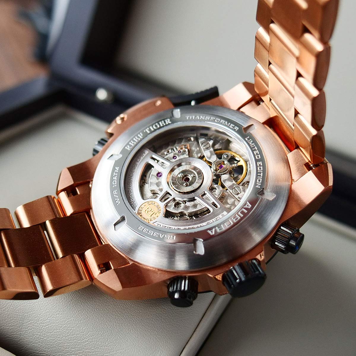 REEF TIGER Luxury Men's Mechanical Watch - Rose Gold Date Day Complicated Bracelet Watch RGA3503 | Perfect for Business, Formal Events & Gift Giving