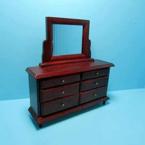 Miniature Wooden Dollhouse Dresser with Mirror - Mahogany Dollhouse Furniture for Vintage Dolls | Perfect for Dollhouse Bedroom Decor and Collectors