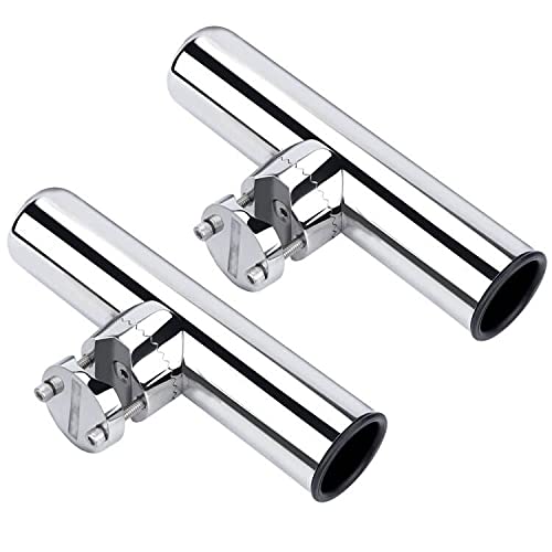 2 Pack Stainless Steel Fishing Rod Holders for Boat Rail Mount - Heavy Duty Clamp-On Marine Rod Holder for Fishing Boat, Pontoon, Jon Boat - Perfect for Saltwater & Freshwater Fishing Trips
