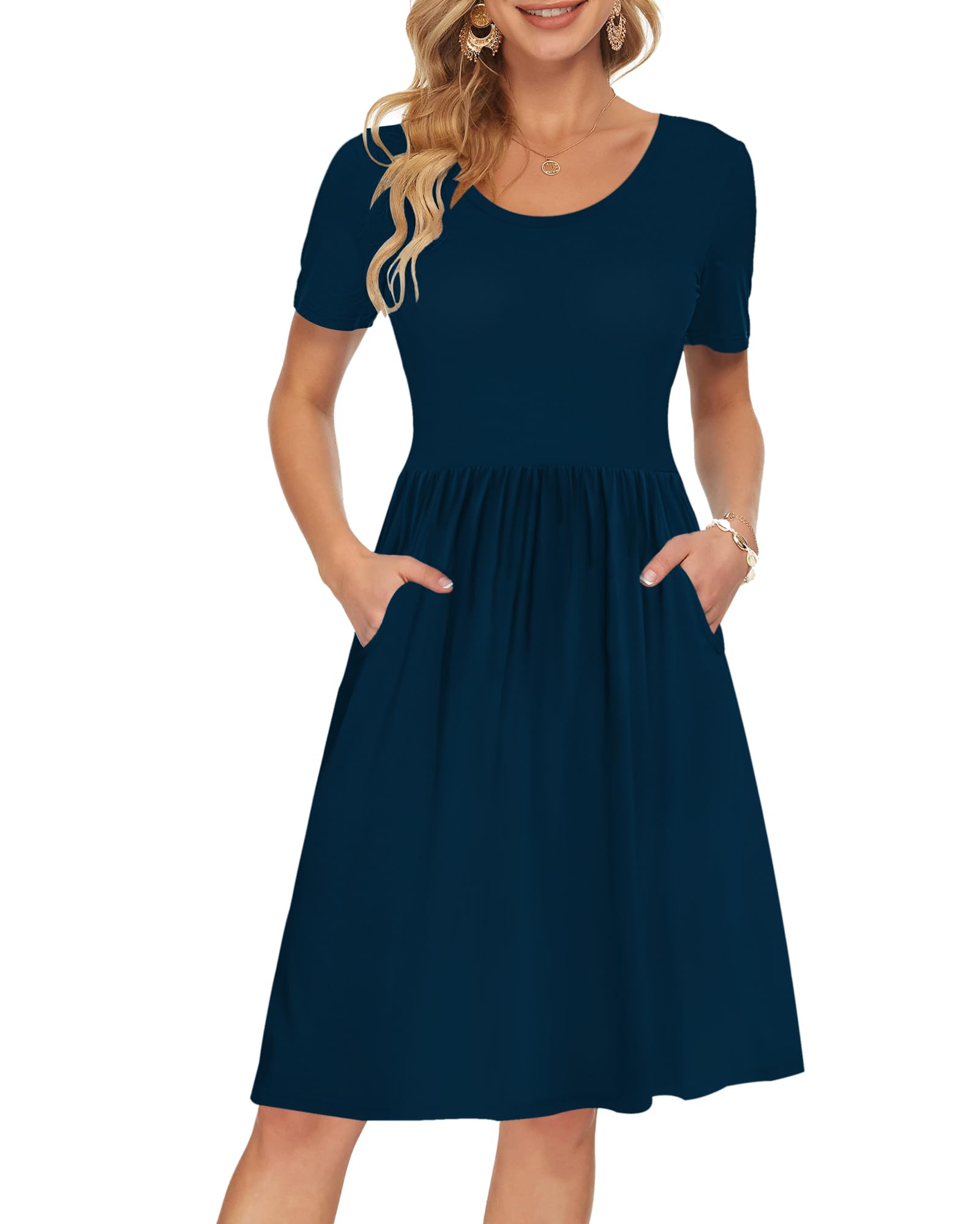 AUSELILY Women's Summer Short Sleeve Empire Waist Dress - Flowy Pleated Swing Dress with Pockets, Knee Length Casual Sundress for Beach, Vacation & Everyday Wear | 2025 New Collection