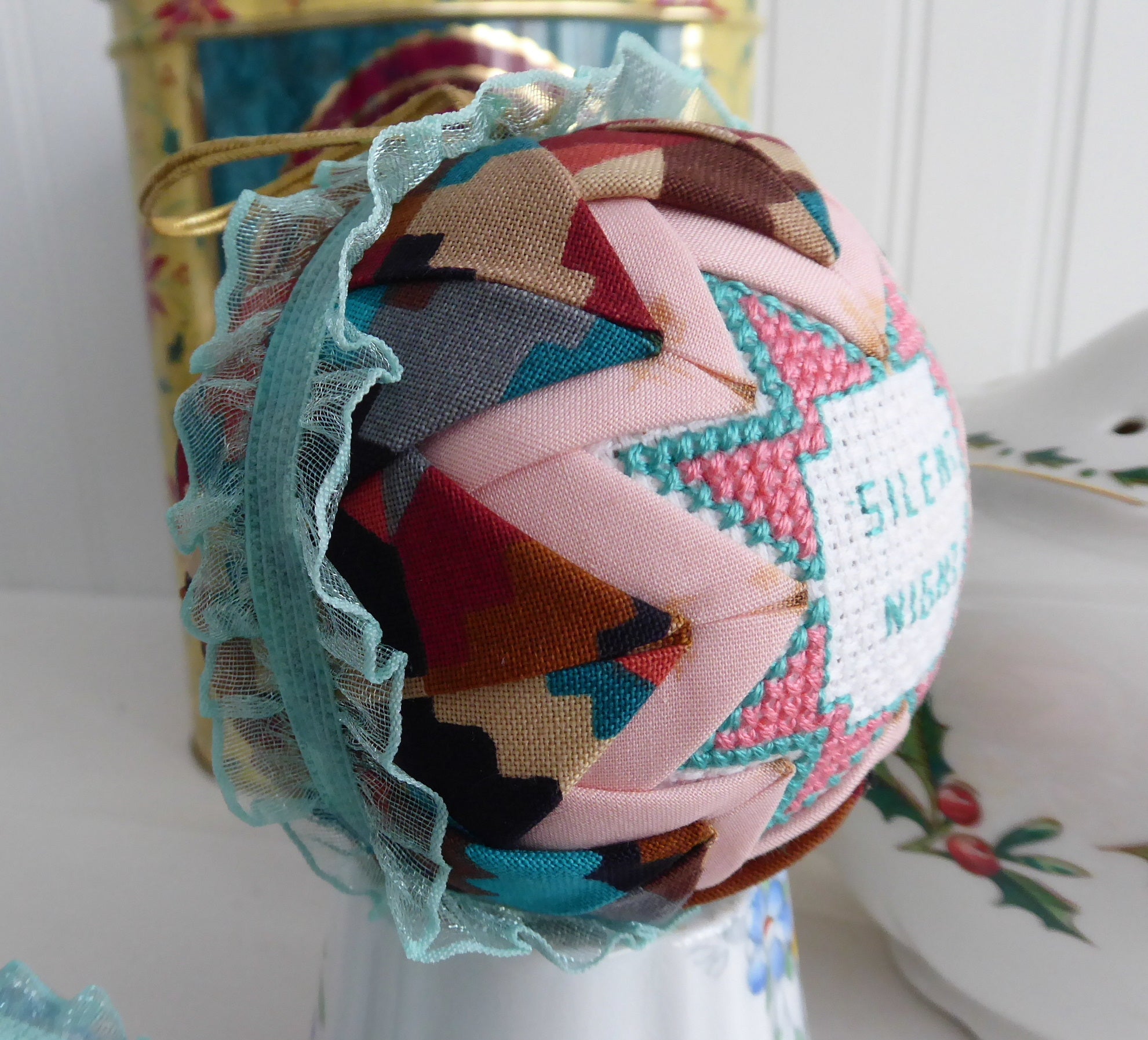 Handmade Cross Stitch Christmas Ornaments Set of 5 - Aqua, Salmon Pink & Burgundy Patchwork Decorations for Holiday Tree, Gift Giving & Festive Home Decor