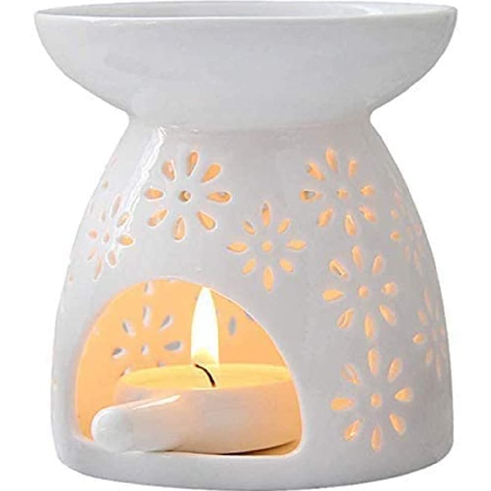 Ceramic Wax Warmer with Flower Pattern - Aromatherapy Essential Oil Burner & Scented Candle Diffuser for Home, Bedroom Decor - Perfect for Relaxation and Stress Relief