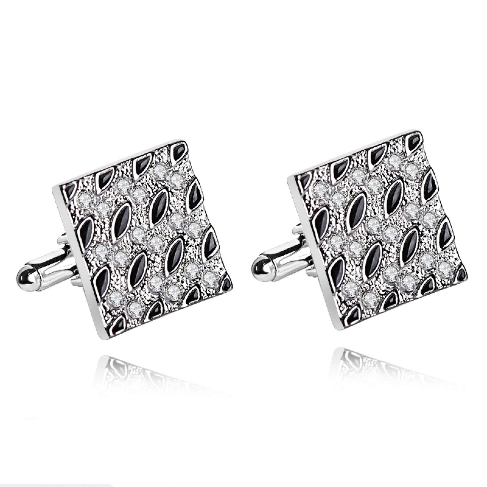 **GTHT Square Rhinestone Cufflinks for Men - Black Enamel Dress Shirt Cuff Links - Elegant Cuff Buttons for Formal Wear, Weddings & Business Events**