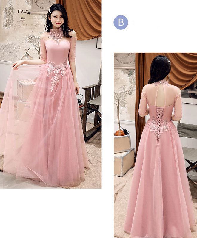 Elegant Pink Tulle Lace Long Prom Dress & Bridesmaid Gown - Perfect for Formal Dances, Weddings & Special Occasions