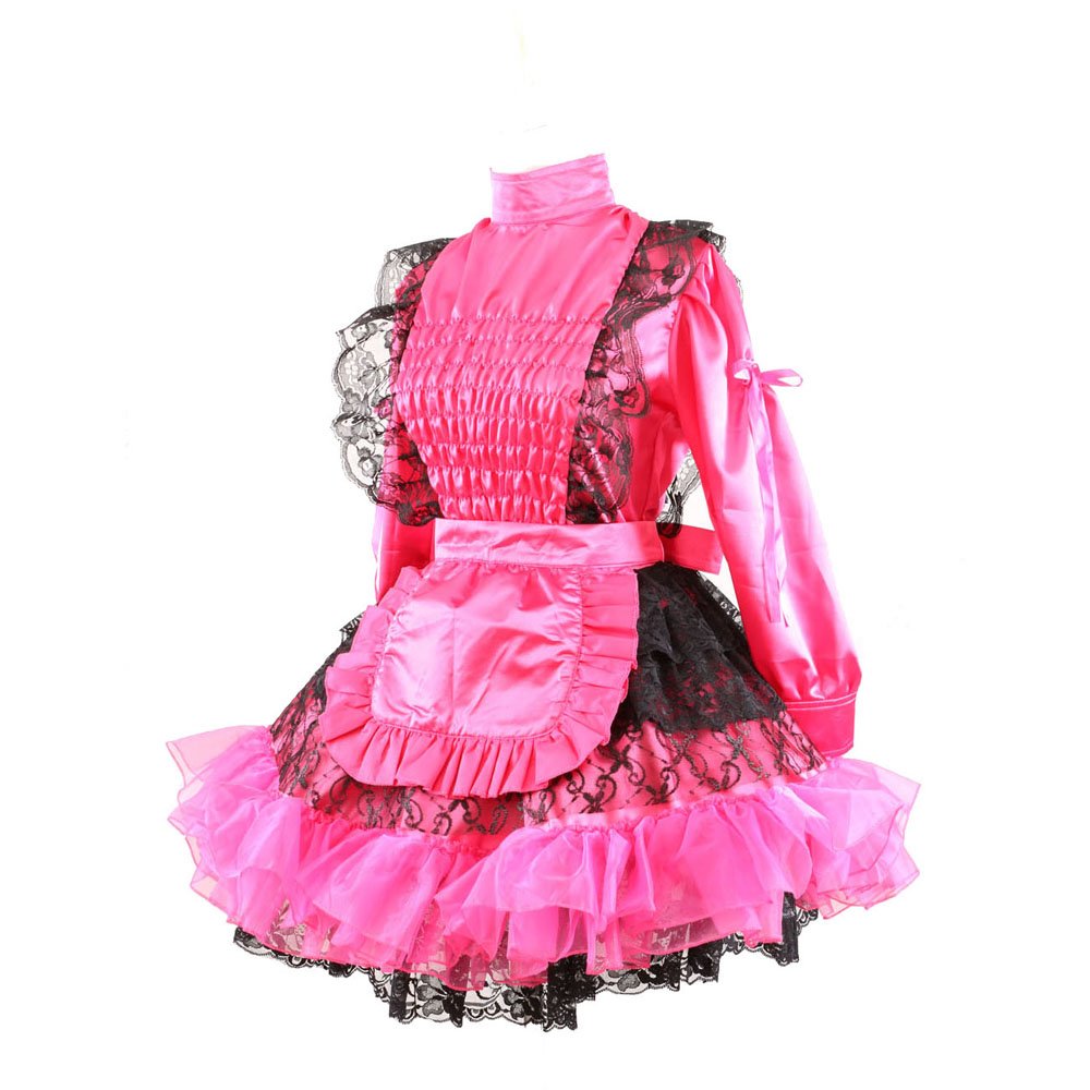 Elegant Lockable Pink & Red Satin French Maid Dress with Long Sleeves & Pleated Style - Perfect for Cosplay, Halloween Costumes & Role-Playing Parties