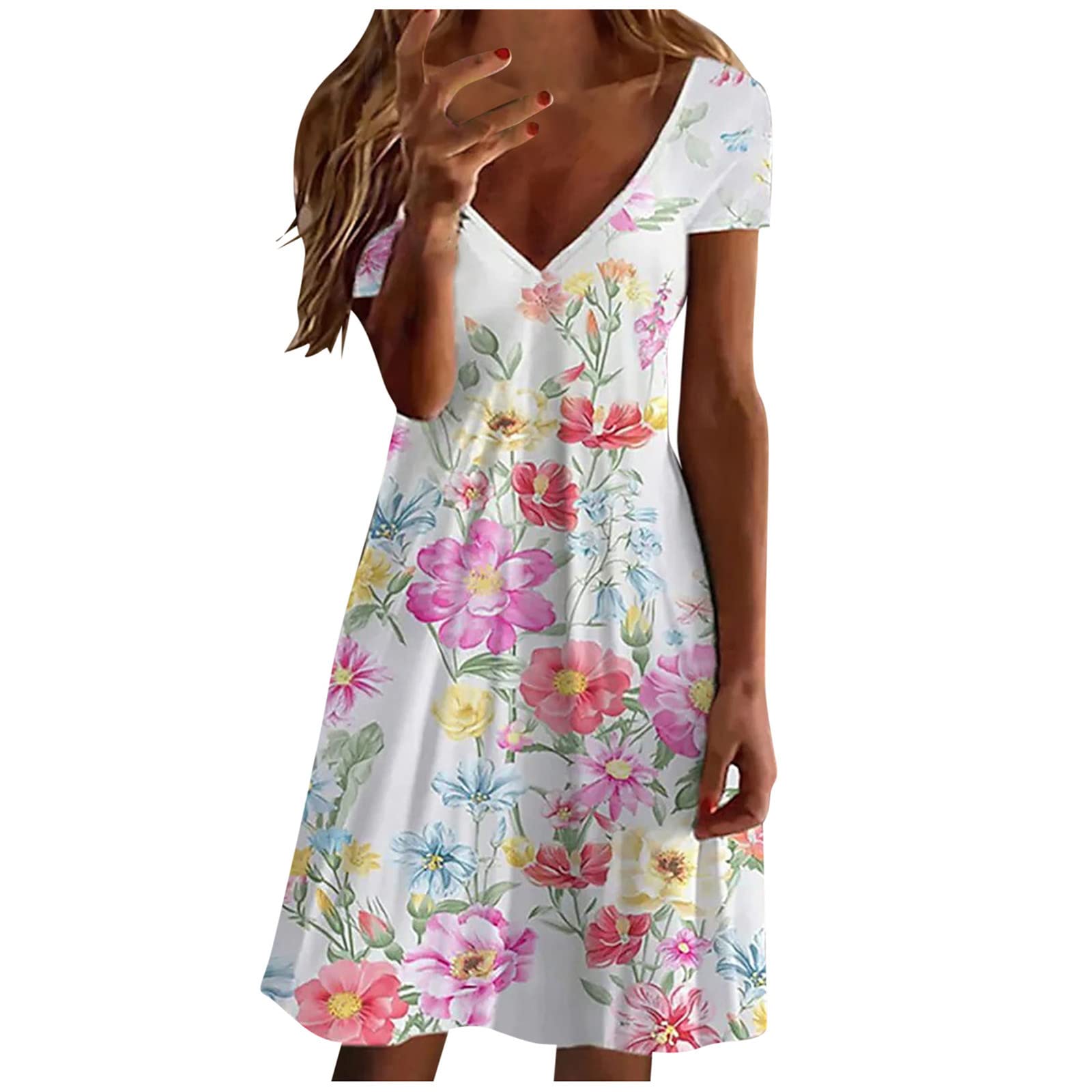 Women's Floral Printed A-Line Sundress - Short Sleeve V-Neck Casual Summer Dress for Beach, Vacation & Outdoor Activities